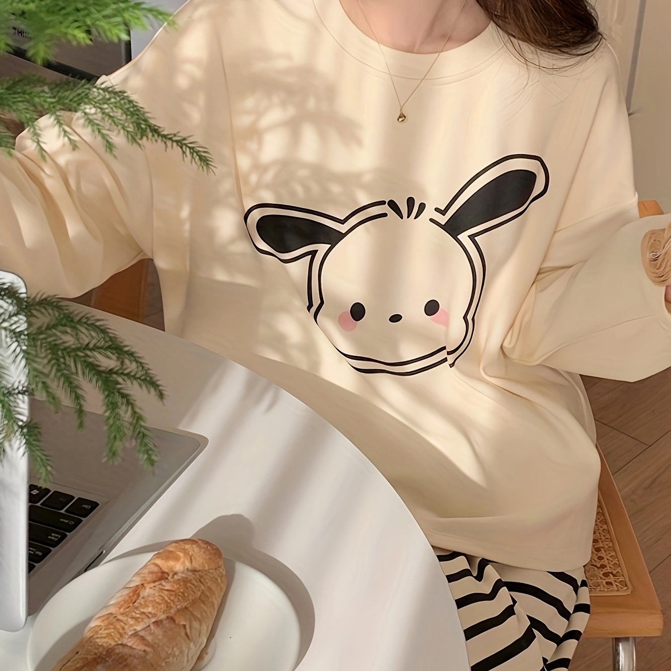 

Women's Cute Cartoon Neck Pajama Set, Polyester Knit Fabric With Elastane, Cozy Long Sleeve Sleepwear For Teens, Fall/winter Casual Loungewear