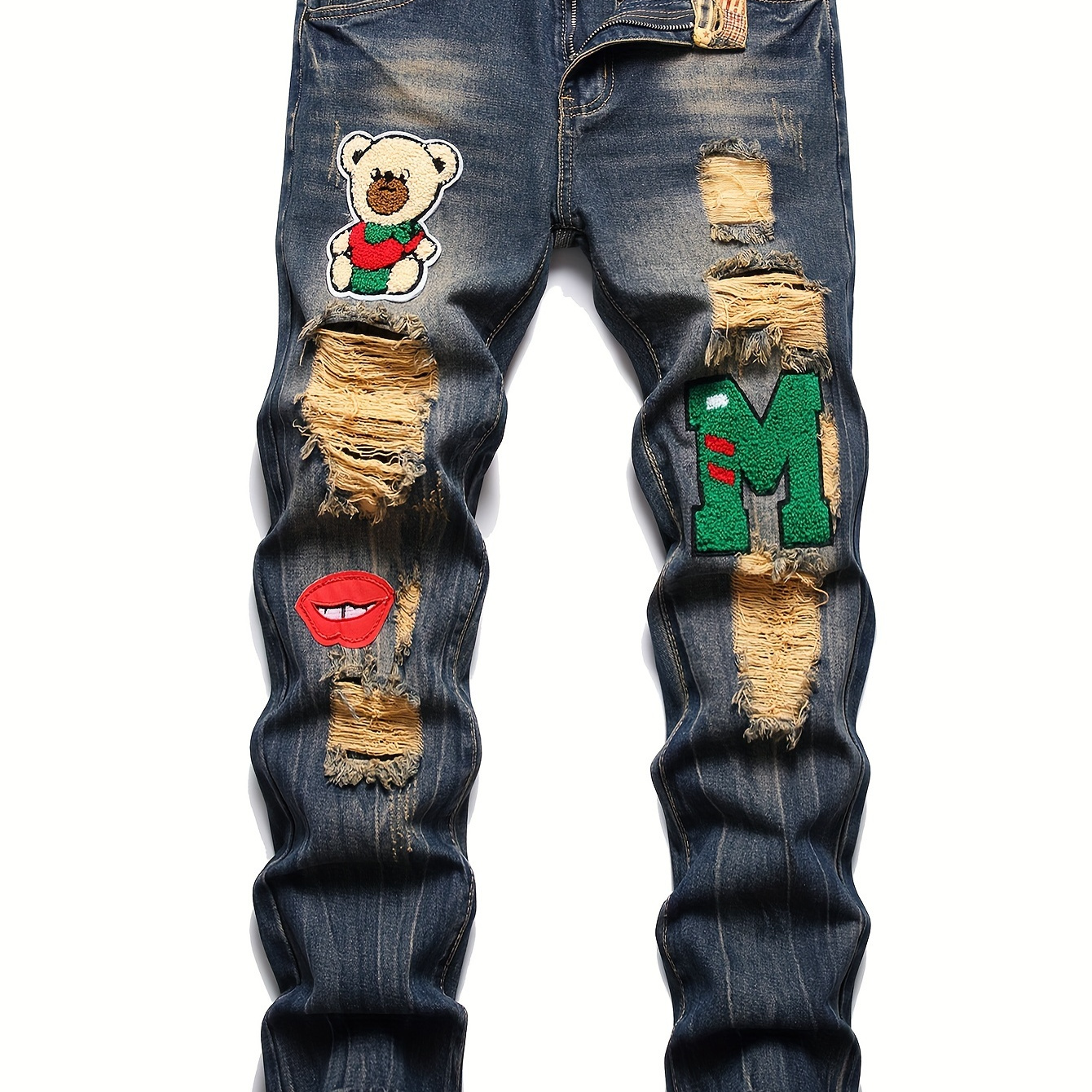 

Boy's Trendy Cartoon Graphic Embroidery Ripped Jeans, Zipper Fly Slim Fit Denim Pants