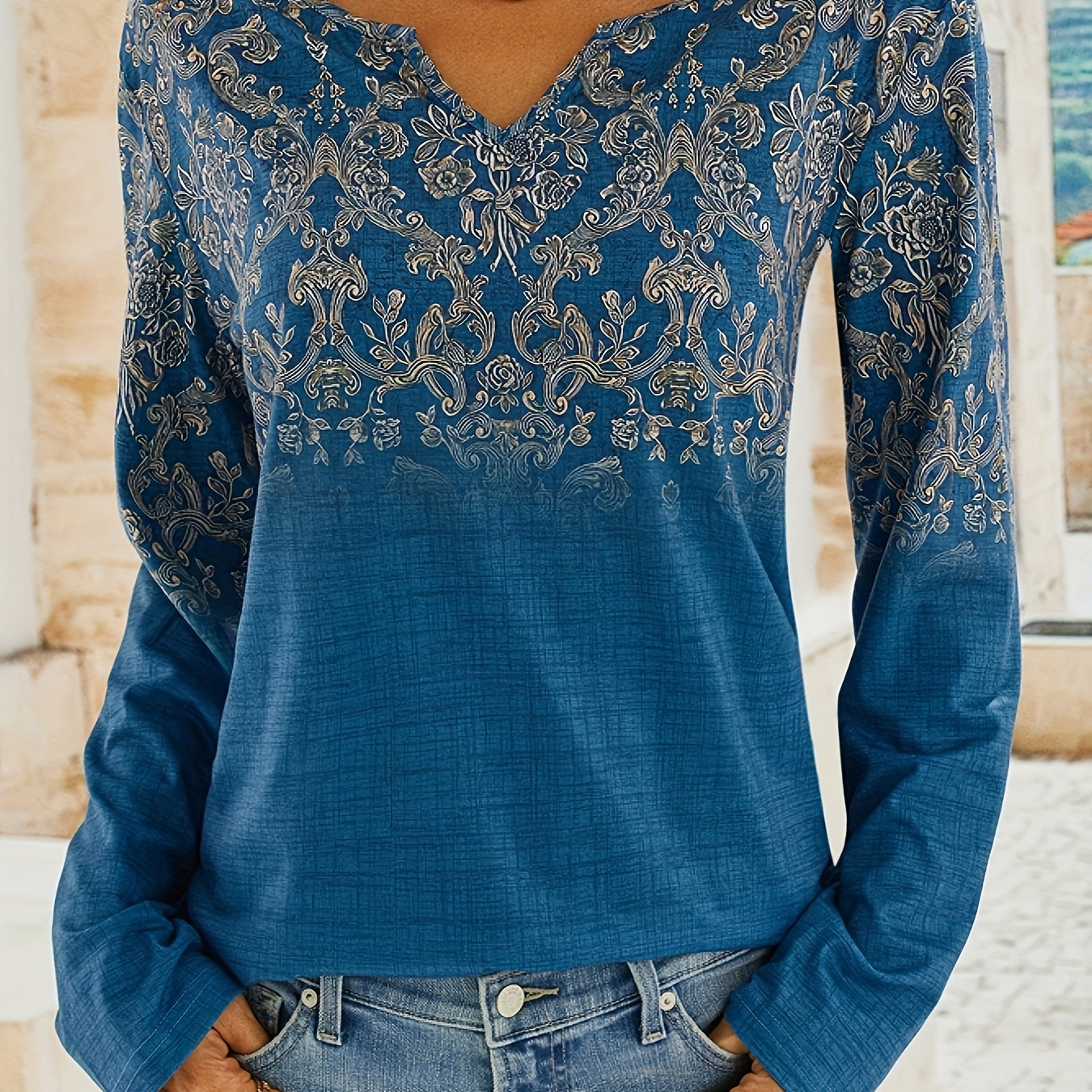 

Baroque Print Notch Neck T-shirt, Casual Long Sleeve T-shirt For Spring & Fall, Women's Clothing