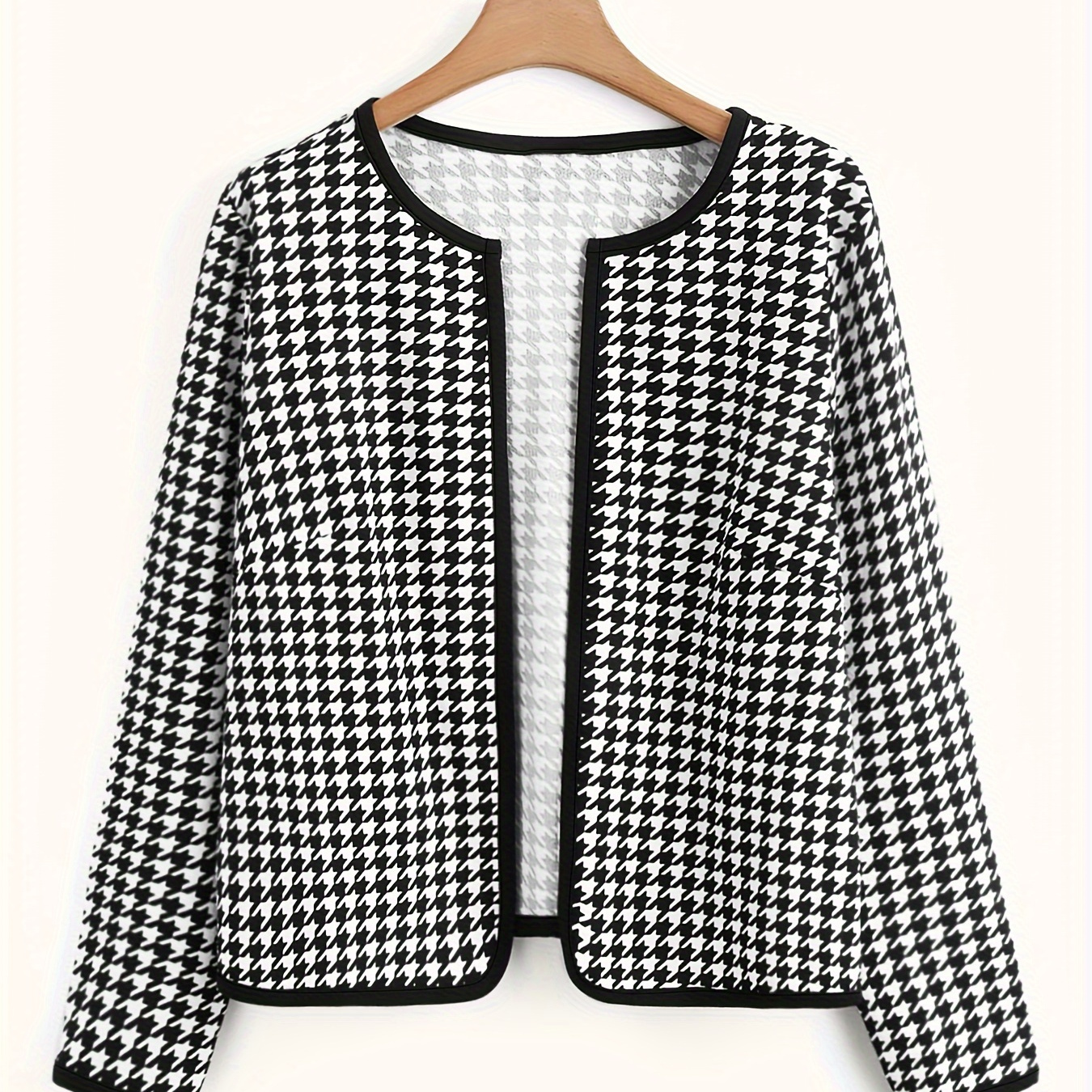 

Plus Size Houndstooth Jacket, Elegant Long Sleeve Contrast Trim Jacket, Women's Plus Size Clothing