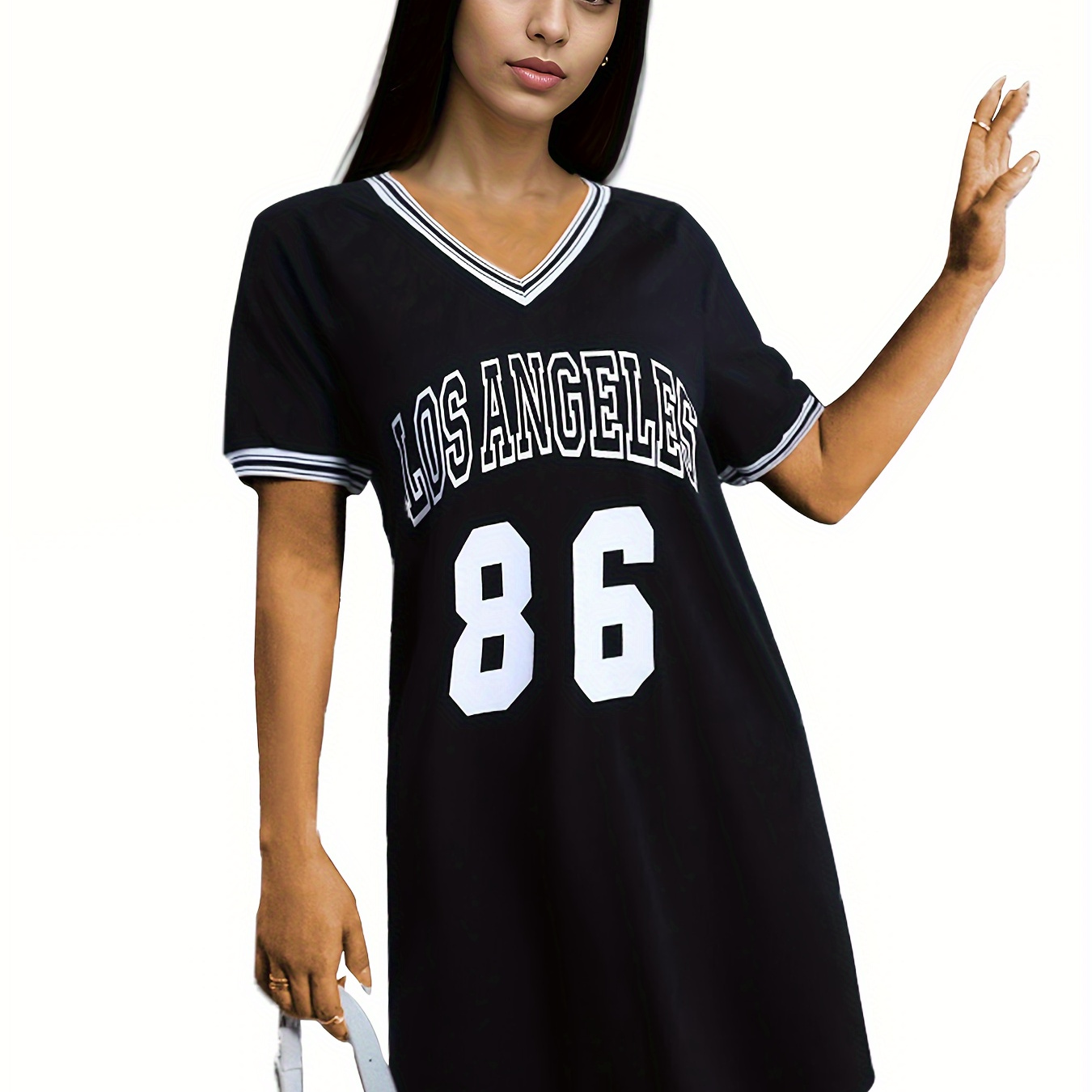 

Letter Print V Neck Loose Dress, Casual Short Sleeve Tee Dress For Spring & Summer, Women's Clothing
