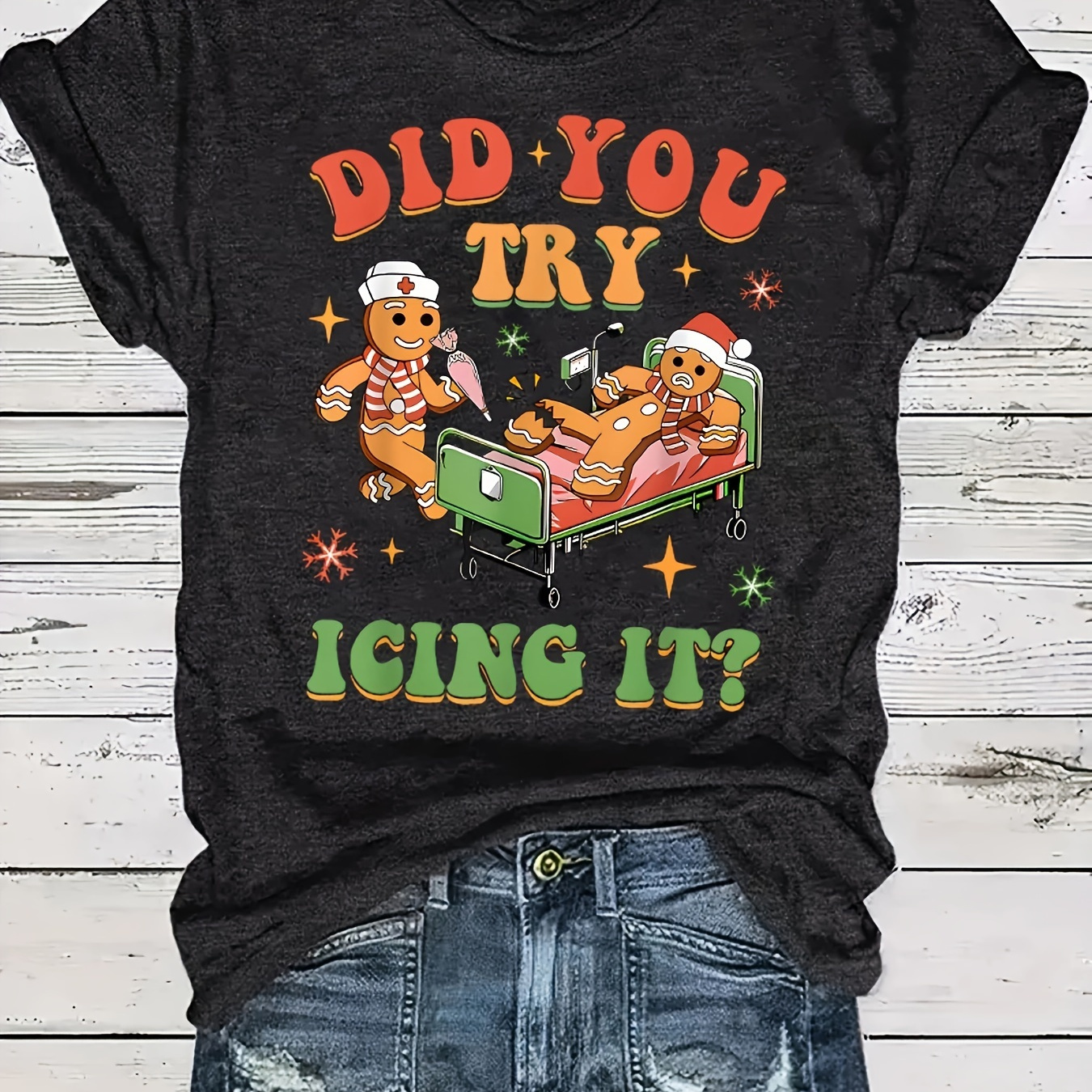 

Christmas T-shirt For Women, Casual Crew Neck Short Sleeve Tee, Polyester Knit Fabric, Regular Length, With 'did You Try Icing It' Design, For All Season Wear