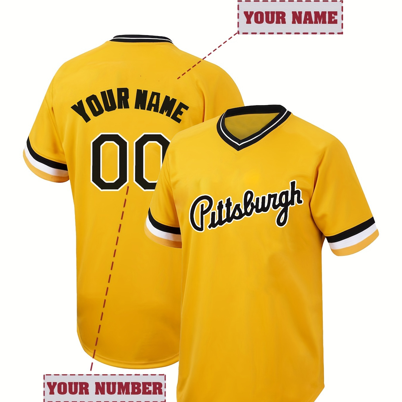

Customized Name And Number Design, Men's Pittsburgh Embroidery Design Short Sleeve Loose Breathable V-neck Pullover Baseball Jersey, Sports Shirt For Team Training