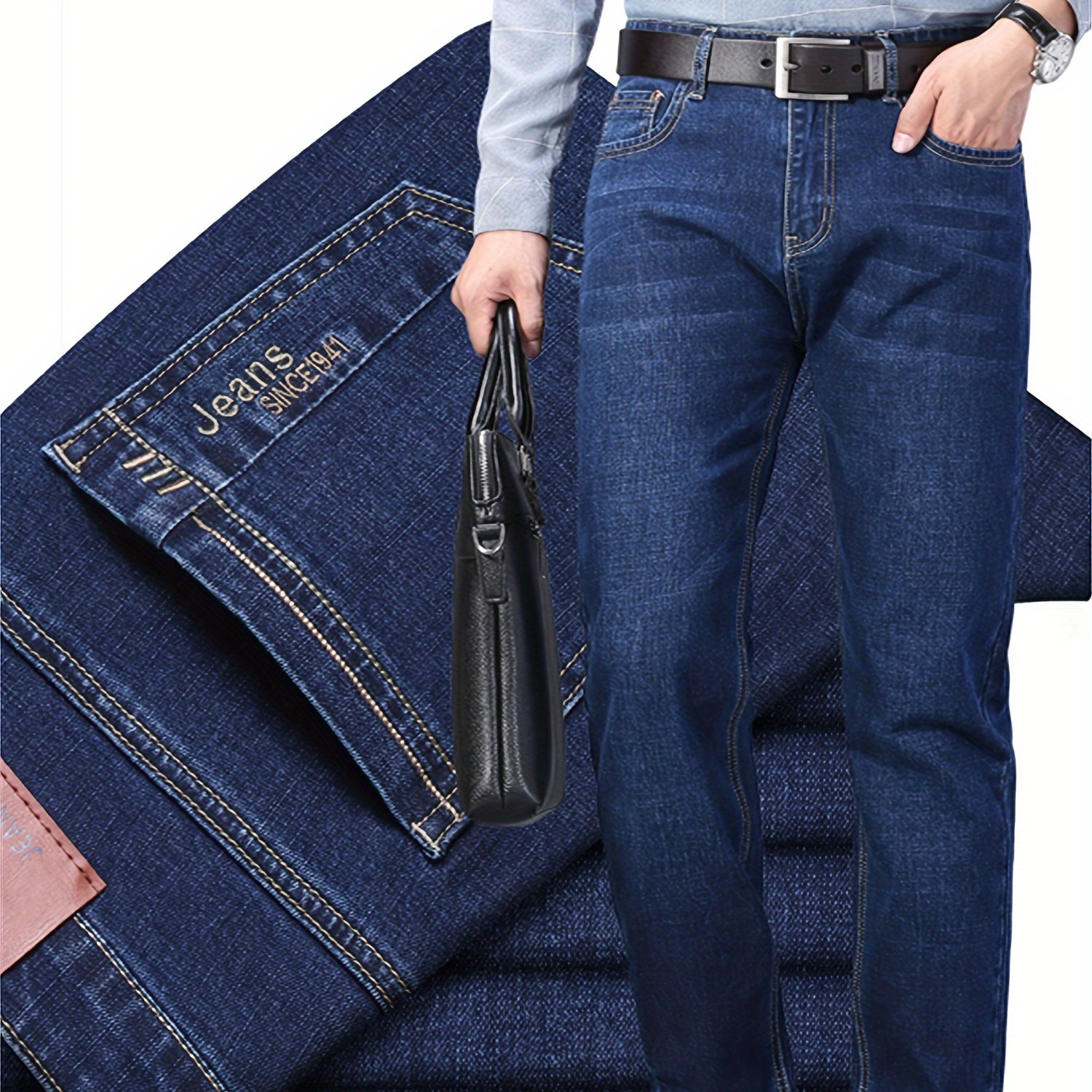 

Men's Solid Denim Trousers With Pockets, Causal Cotton Blend Jeans For Outdoor Activities
