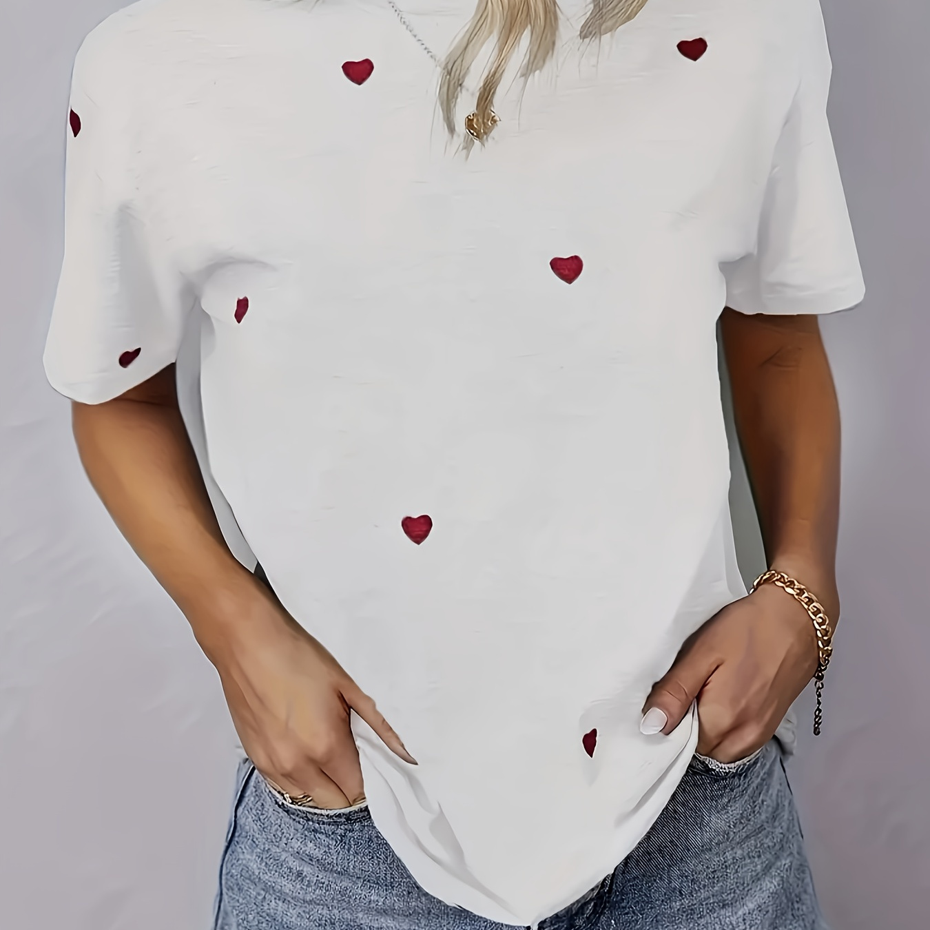 

Plus Size Women' Casual T-shirt Heart Print - Stretchy Polyester & Spandex , Crew Neck, Short Sleeve, Non-see-through, Knit Fabric - All , Tshirt| Heart Print|polyester , Plus Size Shirts