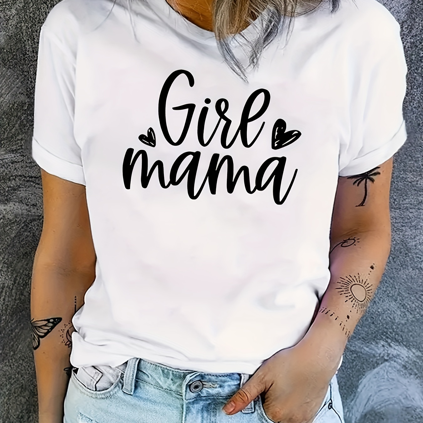 

Mama Letter & Heart Graphic Short Sleeves Casual Tops, Fashion Round Neck Sports T-shirt, Women's Activewear