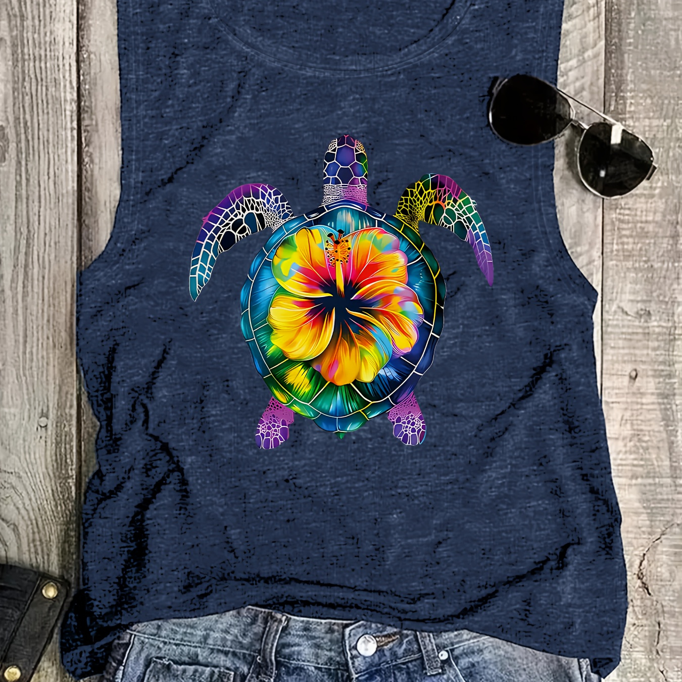 

1pc Women's Colorful Sea Turtle Print Top, Polyester 60% Rayon 35% Spandex 5% Knit Fabric, Crew Neck Sleeveless Pullover Vest, Regular -season Beach