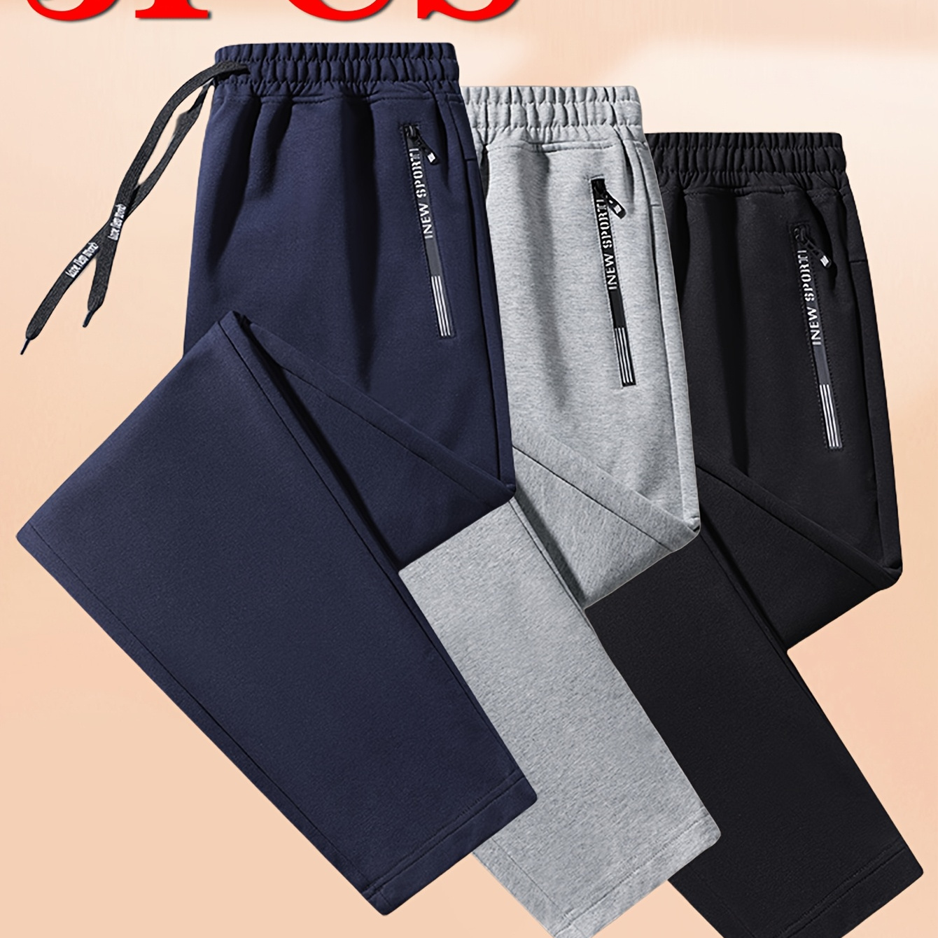 

3pcs Men's Athletic Sweatpants, Polyester 95% Elastane 5%, Solid Joggers With Drawstring Waist, Regular Fit, Medium Stretch Knit Fabric, Casual Gym Pants With Zip Pockets