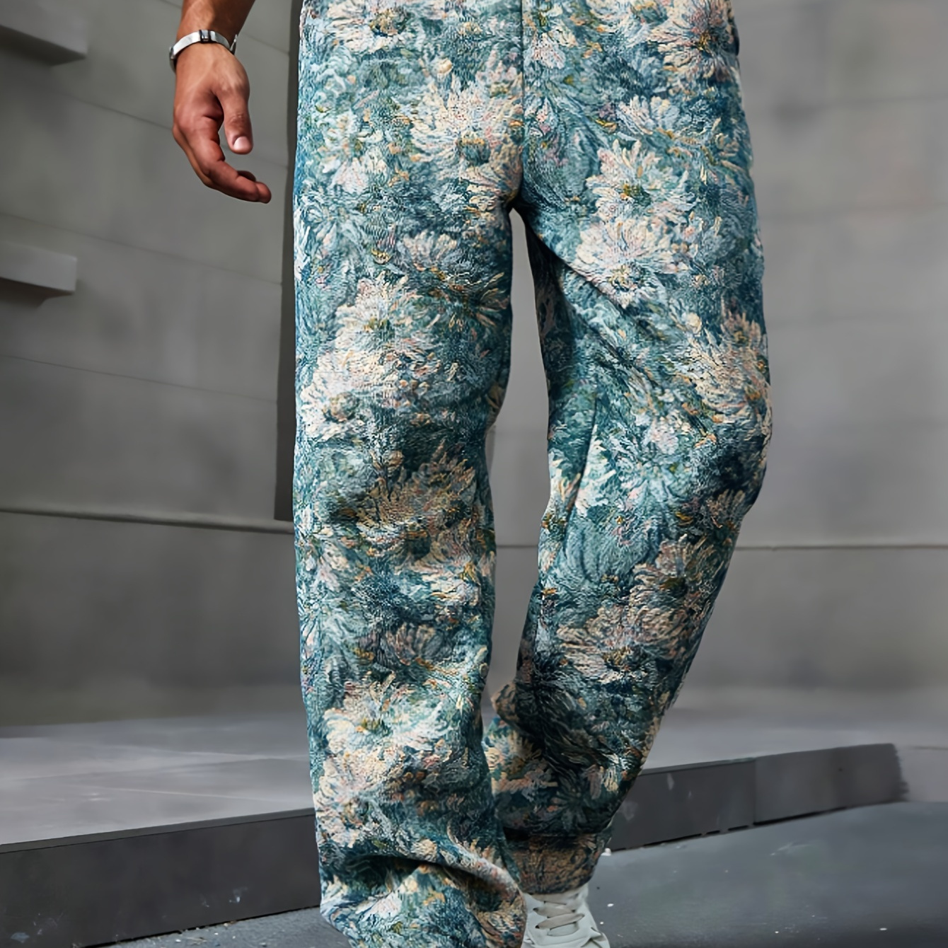 

Men's Casual Long Pants With Fresh Chamomile Floral Print, Drawstring Waistband, Ideal For All And