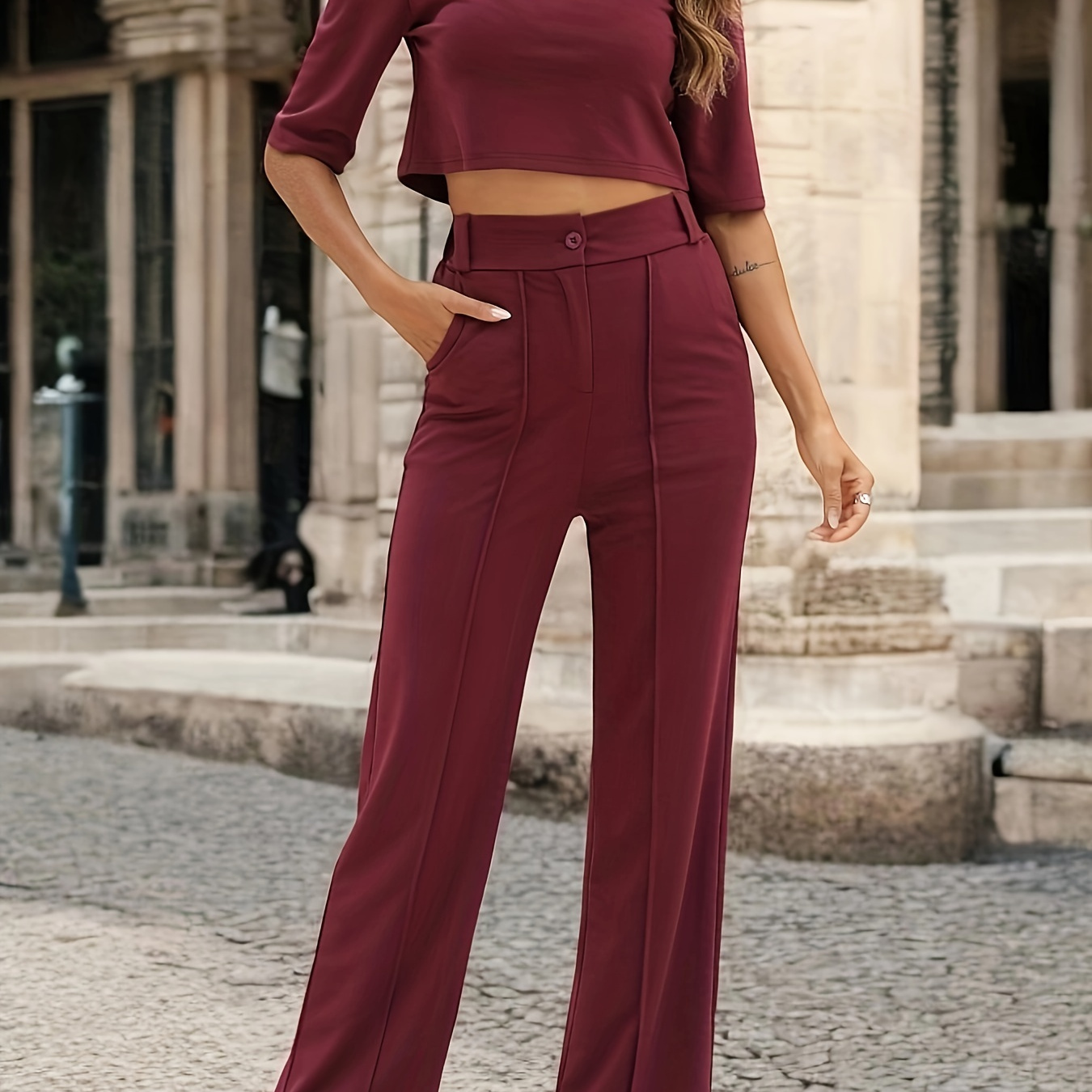 

Women's Wideleg Basic Minimalist 1/2 Sleeve Top With High-waisted Wide Leg Pants In 3 Colors Womenswear Overalls Suits Lady