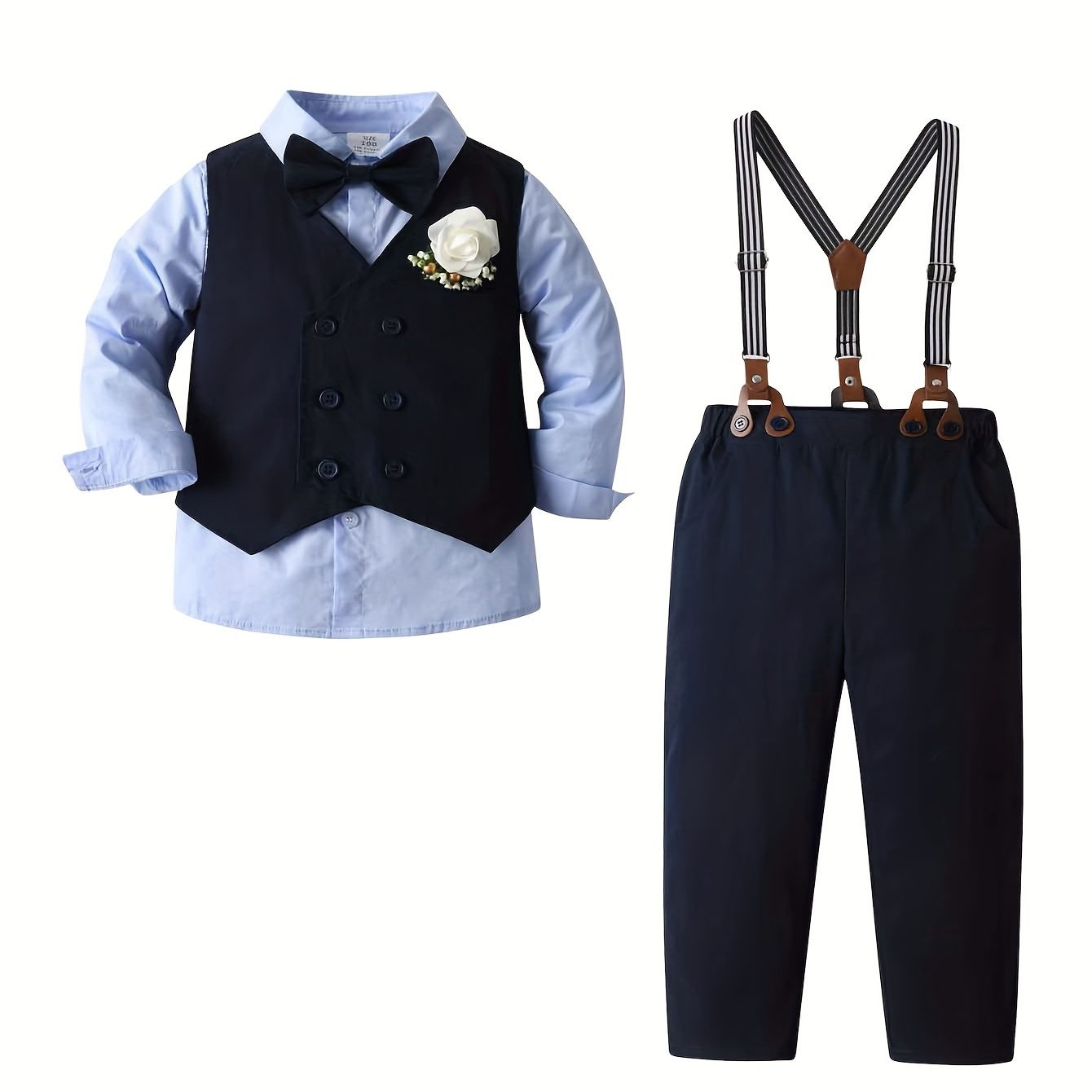 

3pcs Boy's Gentleman Outfit, Bowtie Shirt & Vest & Overalls Set, Formal Wear For Speech Performance Birthday Party, Kid's Clothes For Spring Fall Winter