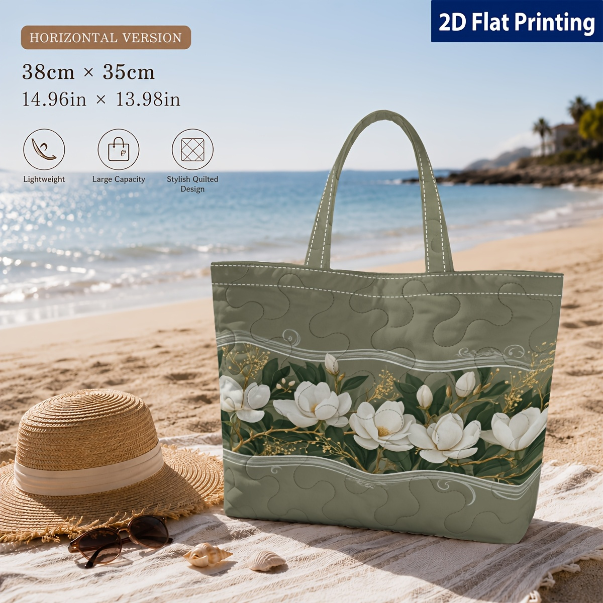 TEMU 1pc, Olive Green Magnolia Floral Ribbon Pattern Genuine Tote Bag, Fashionable Trendy Outfit Large Capacity Lightweight Handbag (zipper Not