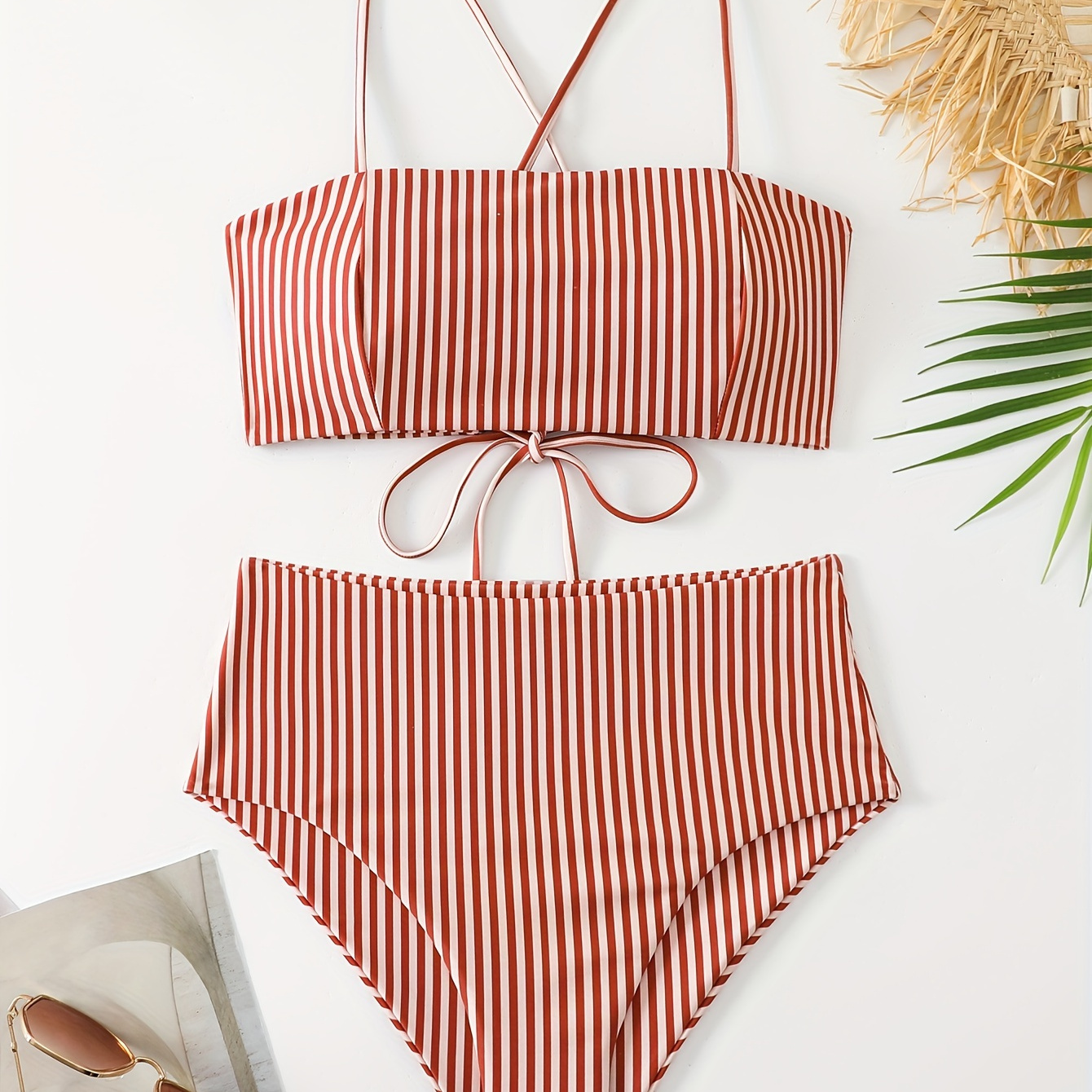 

Red Striped Print Lace Up Tie Back 2 Piece Set Bikini, Criss Cross Hollow Out High Wasted Stretchy Retro Swimsuits, Women's Swimwear & Clothing