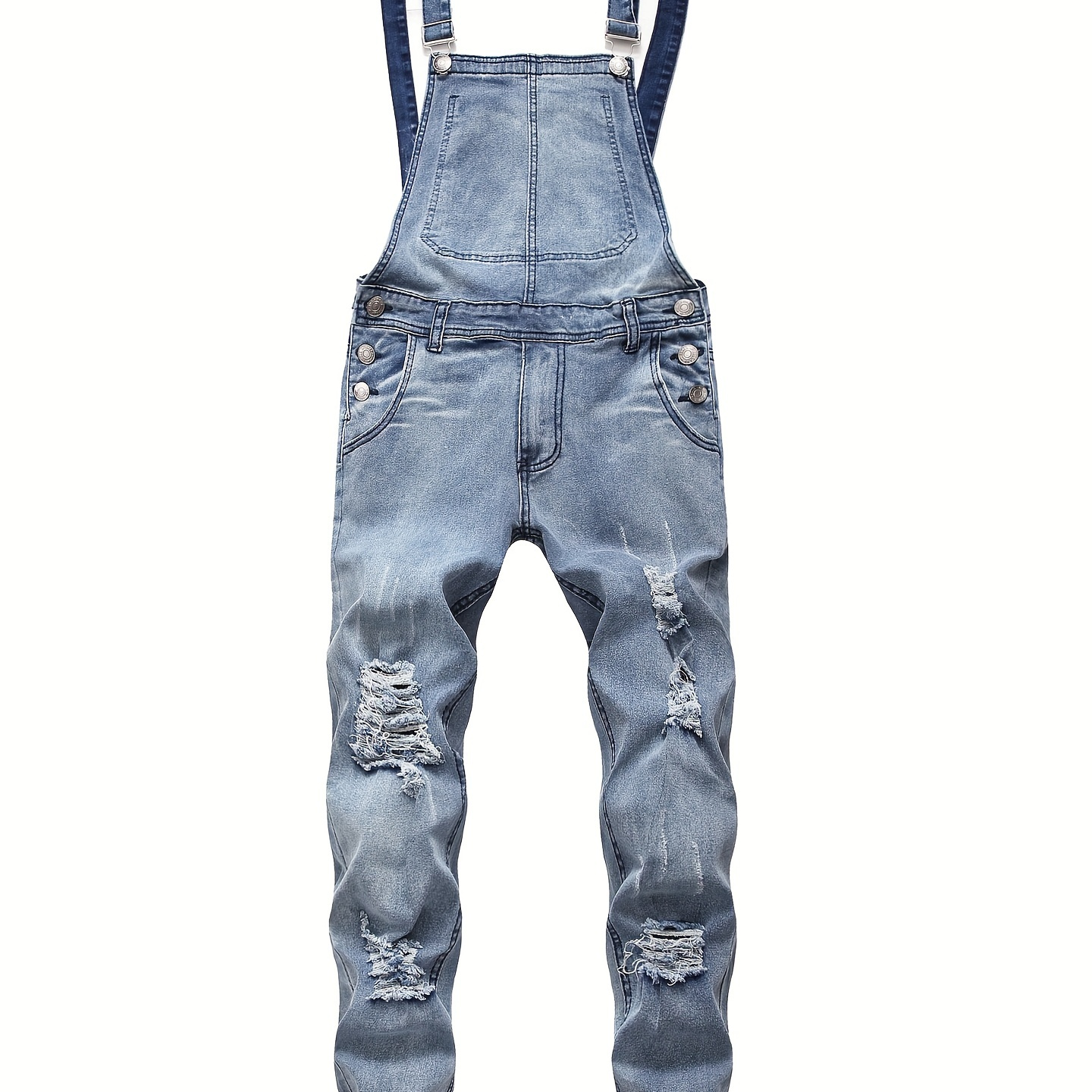 

Classic Design Ripped Denim Overalls, Men's Casual Medium Stretch Street Style Jumpsuit For All Seasons