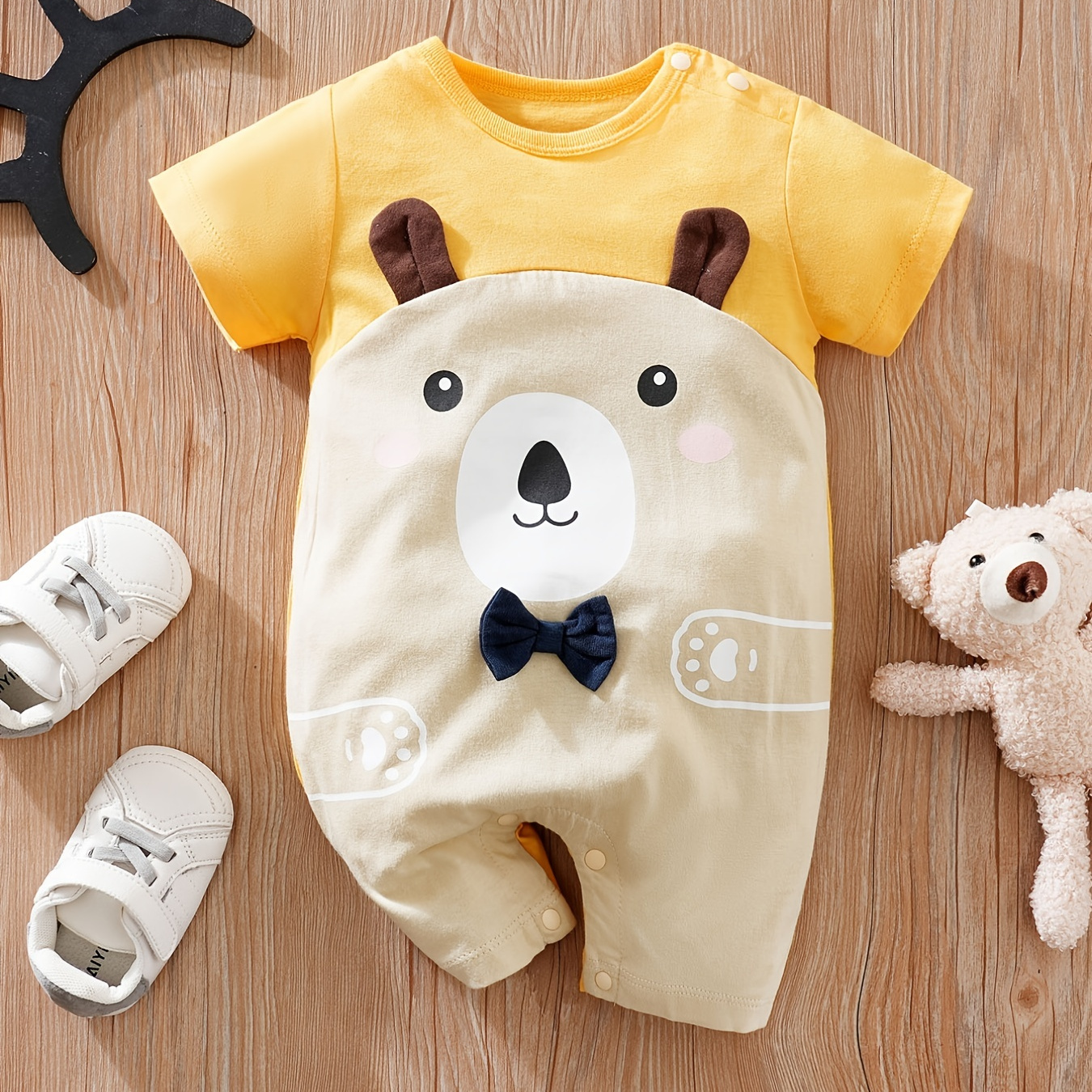 

Newborn Infant Cartoon Bear Romper Short Sleeve Crew Neck Bow Jumpsuit For Baby Boys Toddler Summer Clothes