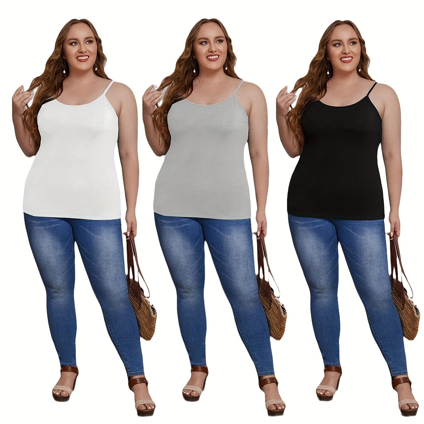 

3 Pack Plus Size Basic Cami Top Set, Women's Plus Plain Round Neck Medium Stretch 3pcs Cami Top Set