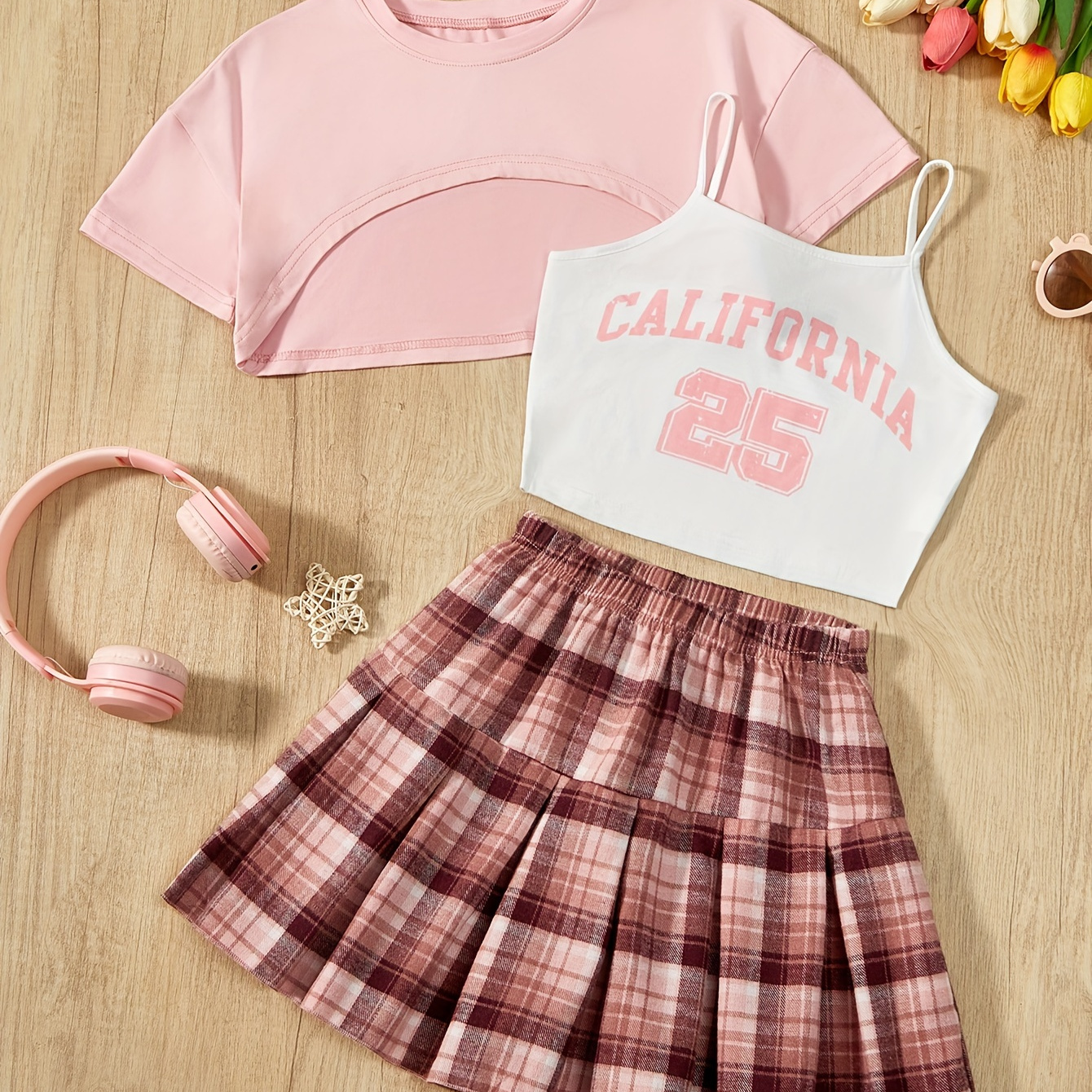 

5-14y Girls Athleisure Outfit Crop Tee + Camisole + Plaid Pleated Skirt Set Preppy Style
