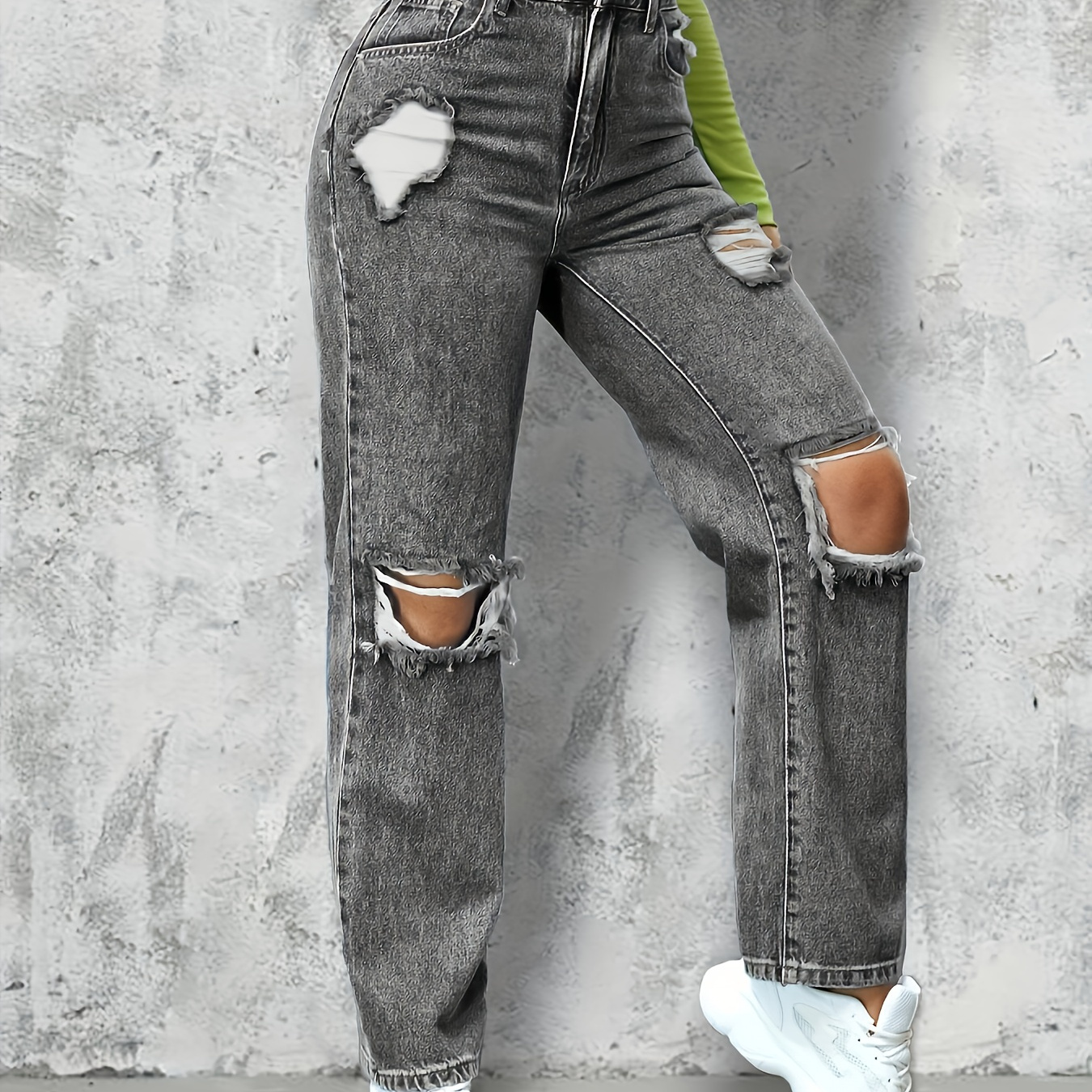 Outfit Black Mom Jeans Tumblr Grey Ripped Holes Straight Jeans - Main Image