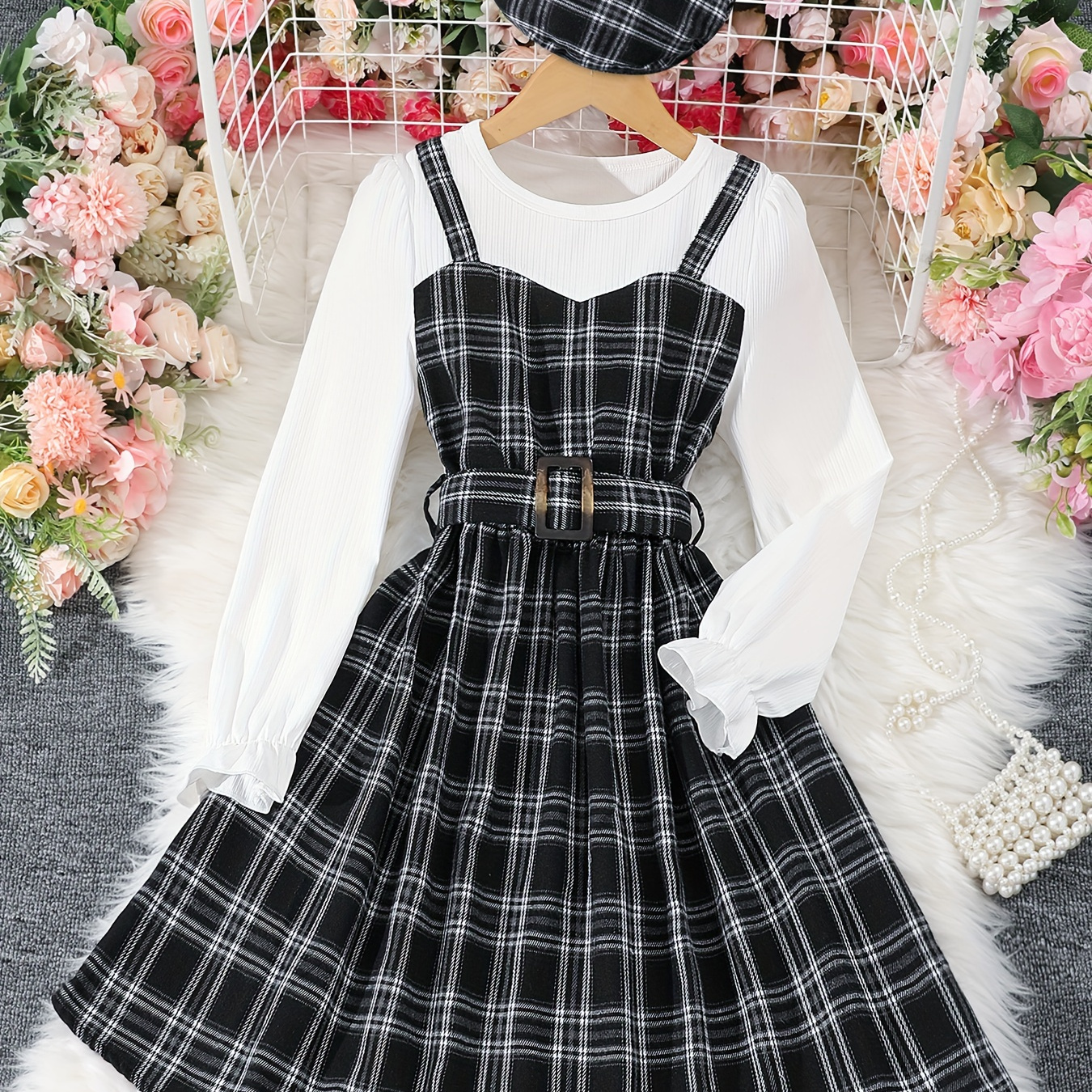 

3pc Elegant Girls' Plaid A-line Dress & Beret Hat & Belt Set Preppy Style Kids Clothes For Fall Party