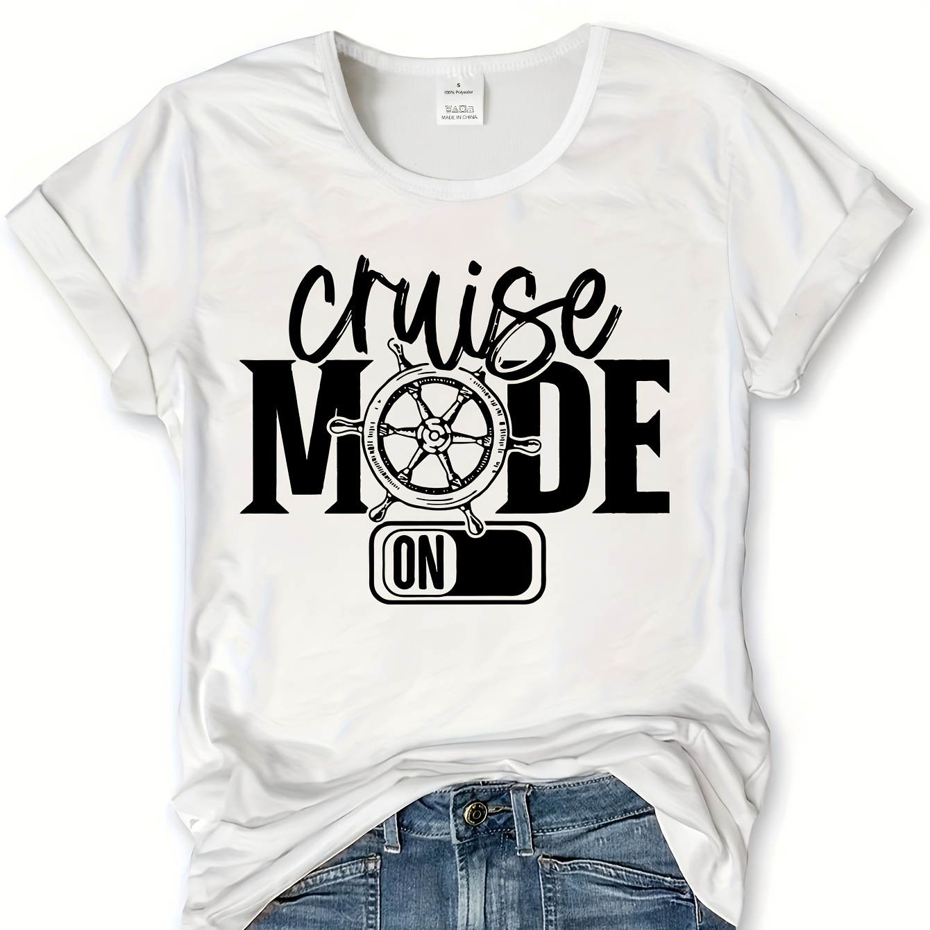 

Cruise Mode Print T-shirt, Short Sleeve Crew Neck Casual Top For Summer & Spring, Women's Clothing