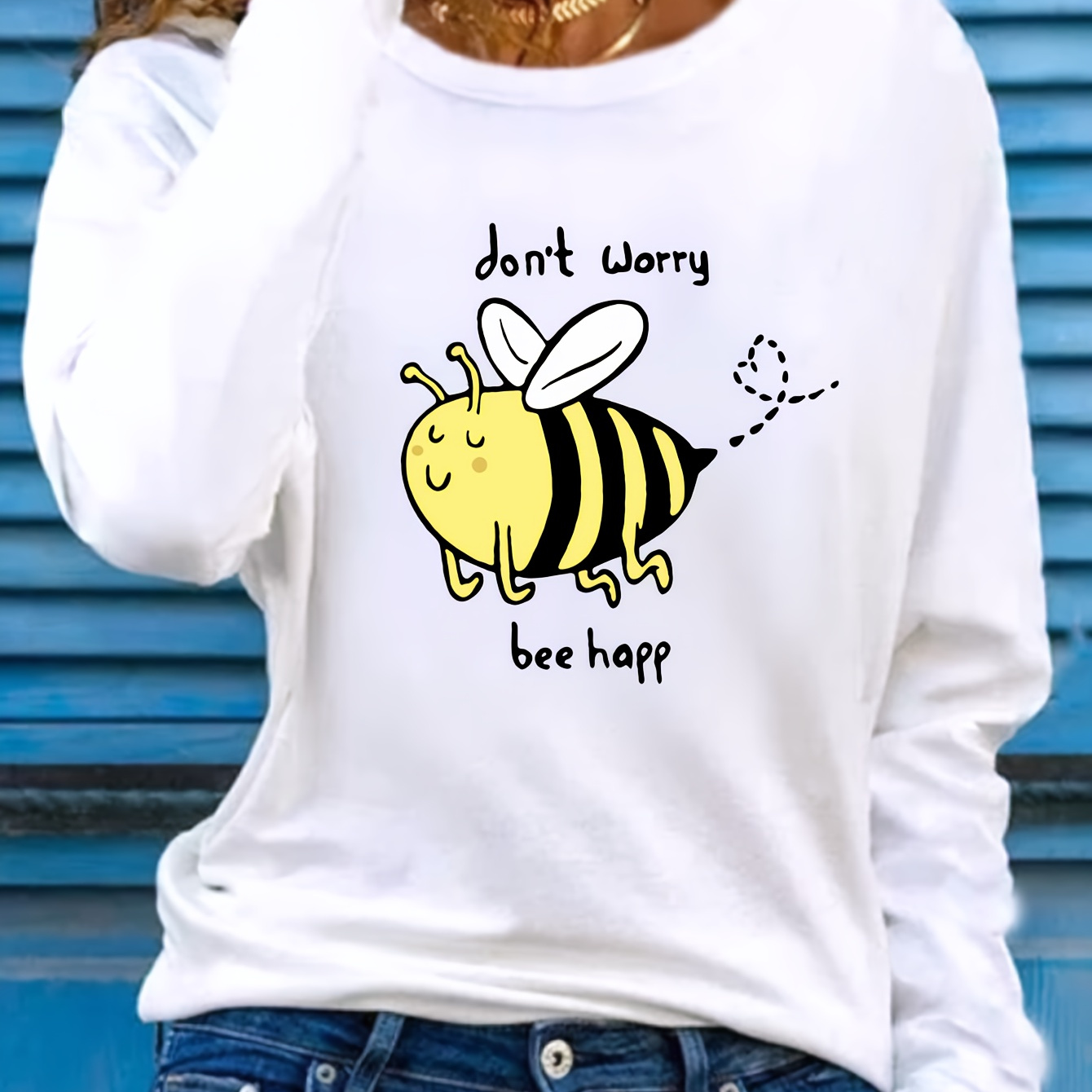 

Women's Casual Crew Neck Long Sleeve T-shirt With Bee Happy Graphic Print, 100% Polyester Knit Fabric, Regular Length Animal Pattern Top For Spring/fall