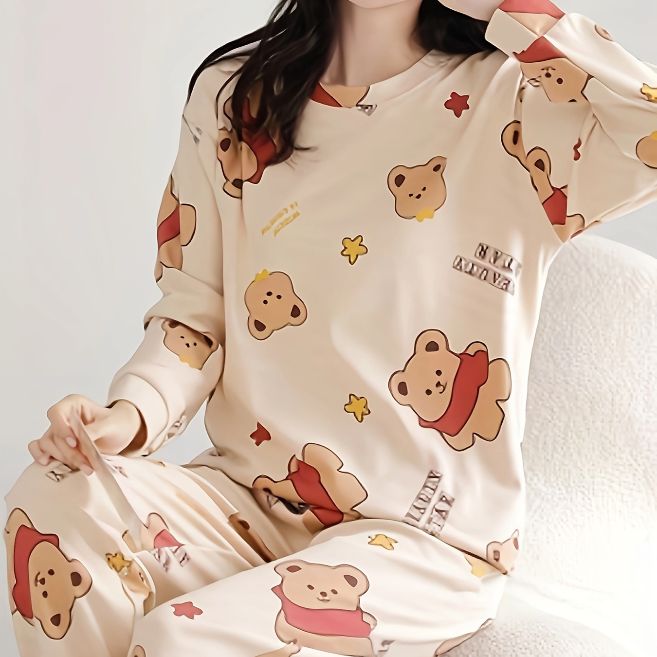 

Cute Bear & Letter Print Pajama Set, Long Sleeve Crew Neck Top & Elastic Pants, Women's Sleepwear & Loungewear - Perfect For Fall