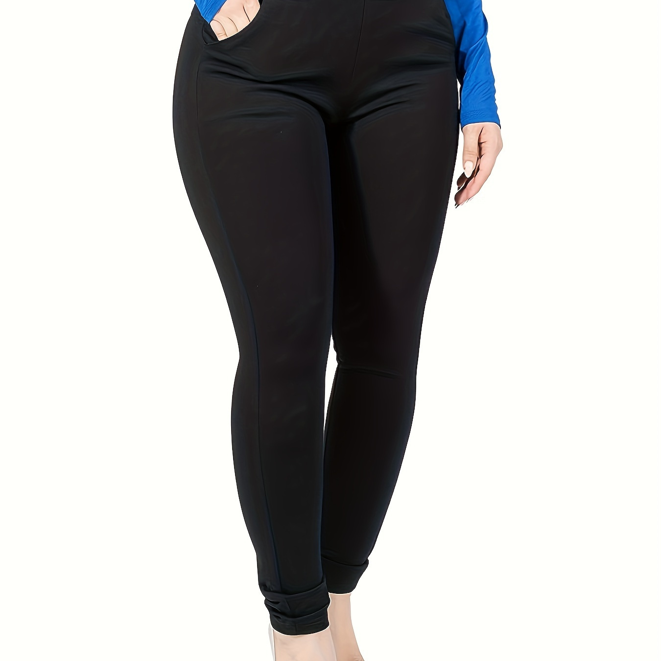 

Plus Size Solid Simple Pocket Leggings, Casual High Waist Stretchy Leggings For Spring & Fall, Women's Plus Size Clothing