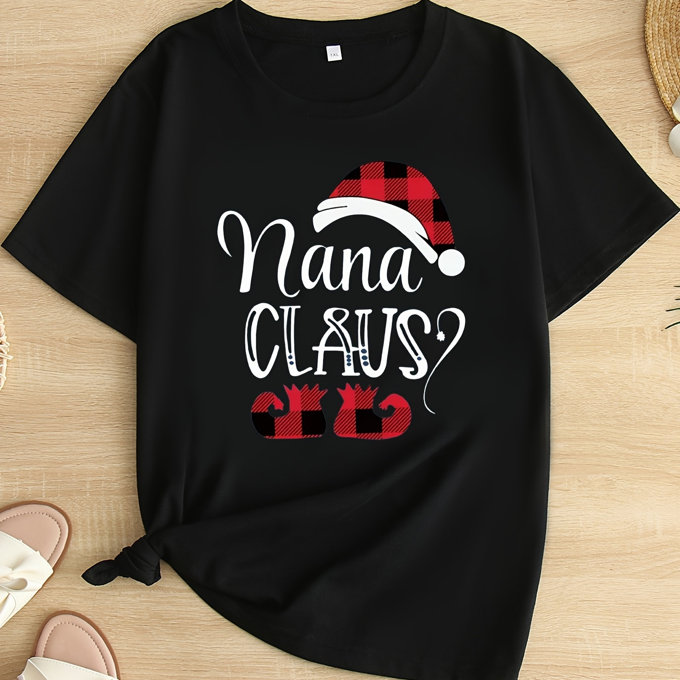 

Plus Size Christmas Nana Claus Print T-shirt, Casual Crew Neck Short Sleeve Top, Women's Plus Size Clothing