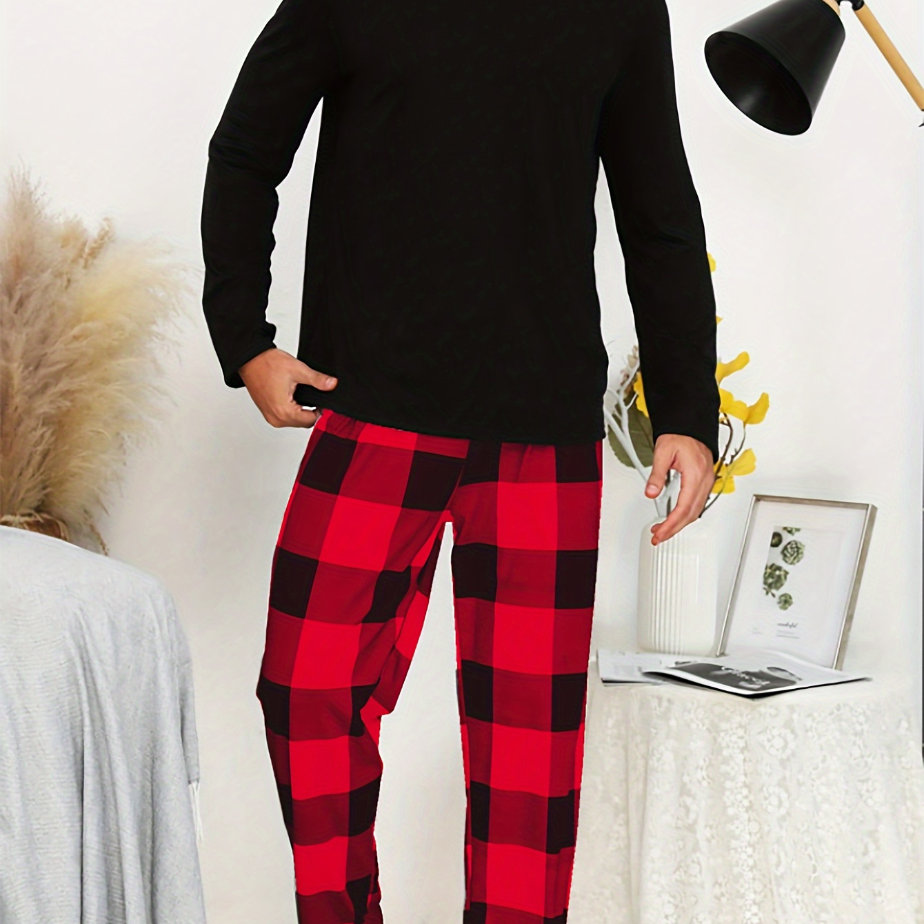 

2 Pcs Men's Casual Pajama Sets, Casual Plaid Printing Long Sleeve & Pants, Comfortable & Casual Style Pajamas For Men's Cozy Loungewear