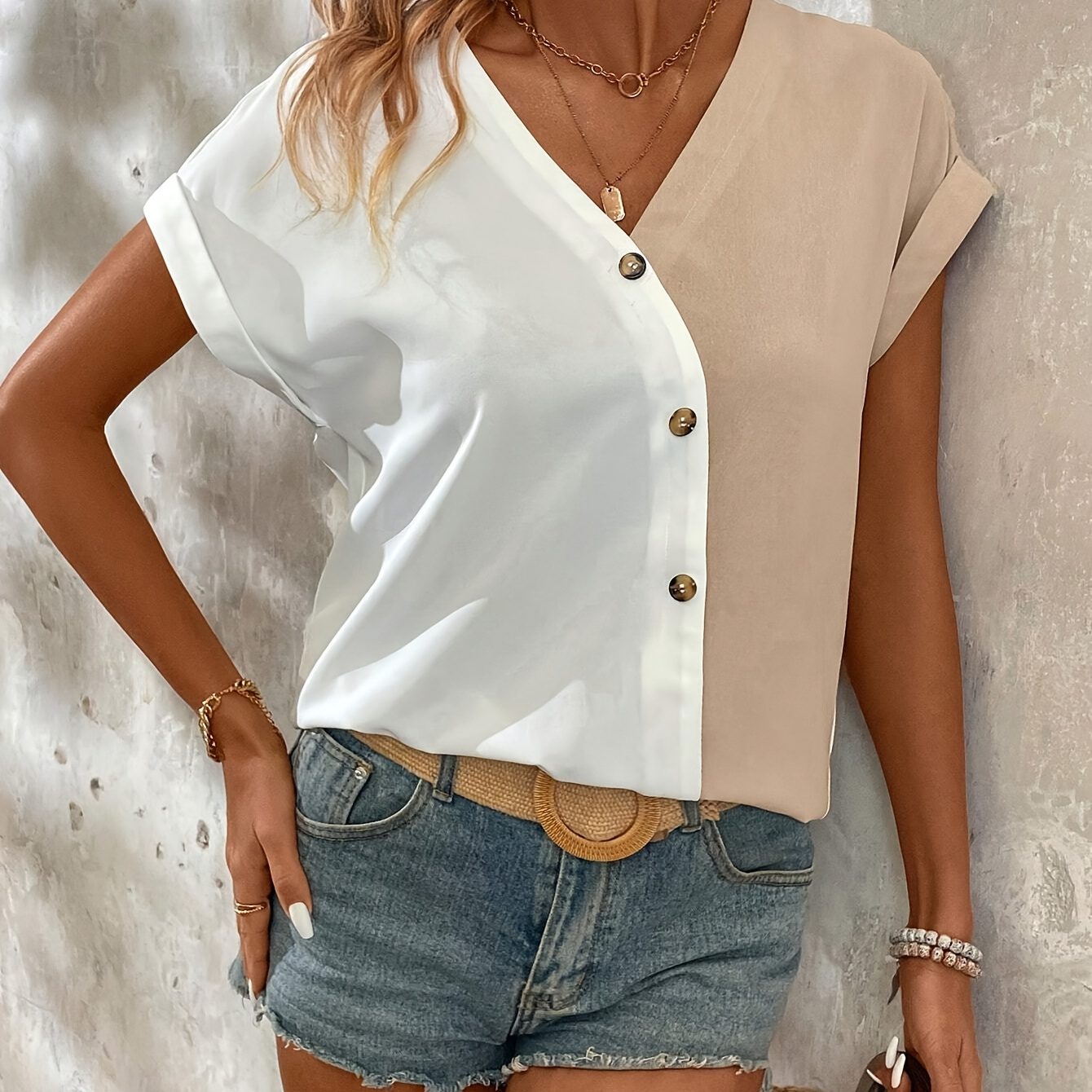 

Color Block V-neck Blouse, Casual Short Sleeve Fake Buttons Blouse Top For Spring & Summer, Women's Clothing