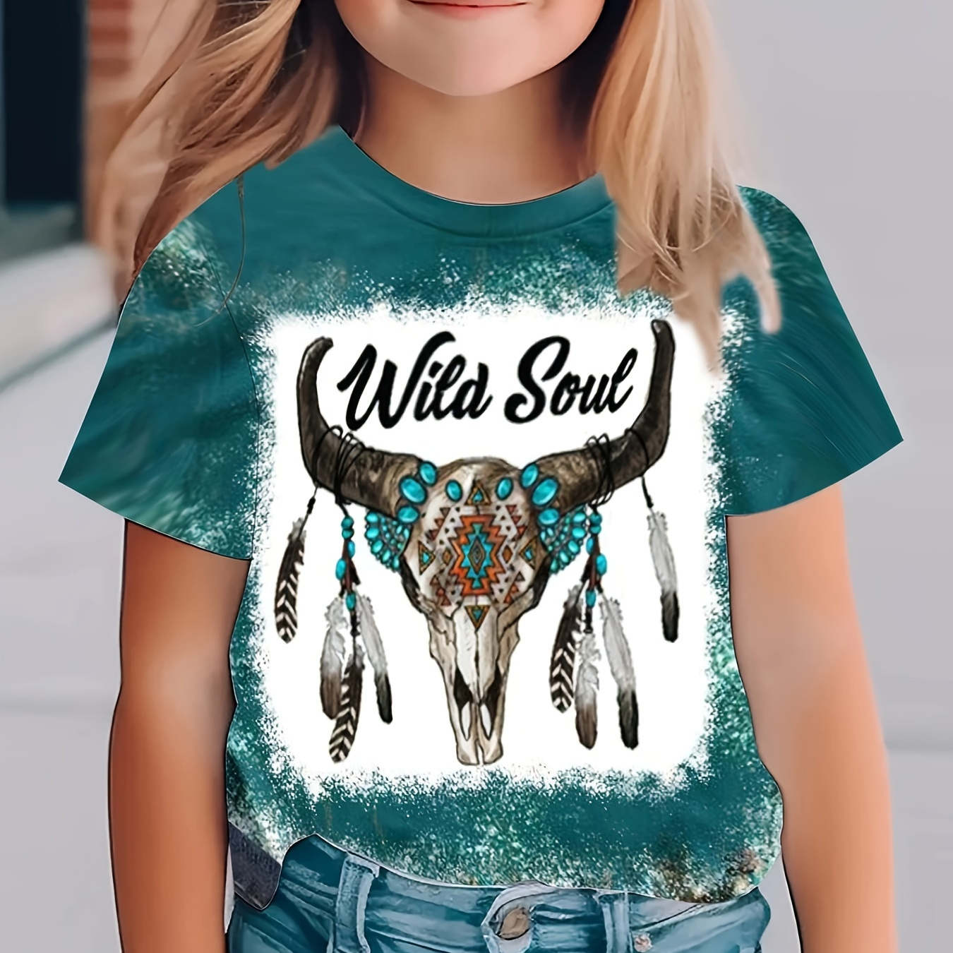

Wild Soul Print Bull Head Graphic Ethnic Pattern Short Sleeve Crew Neck T-shirt, Casual Trendy Breathable Tee Comfy Summer Tops, Girls' Clothing