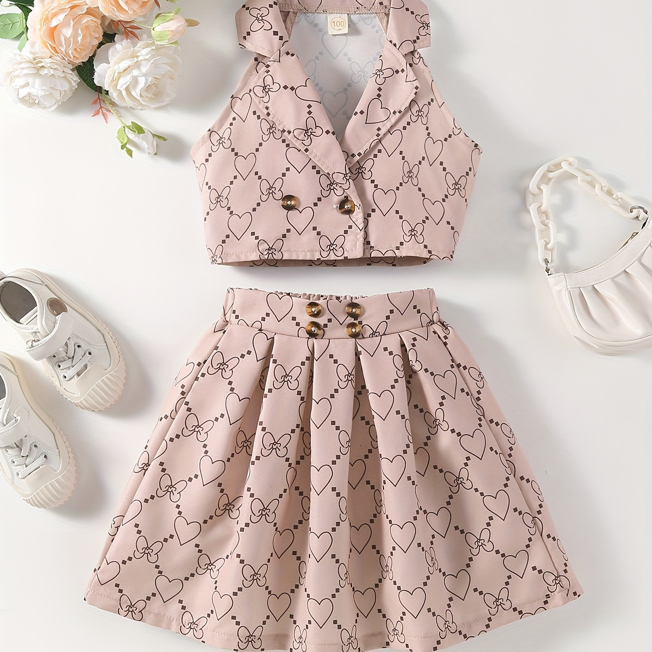 

2pcs, Allover Heart Pattern Sleeveless Lapel Jacket Top + Pleated With Belt Buttons Decor Set For Girls, Comfy And Trendy Summer Gift Holiday Set