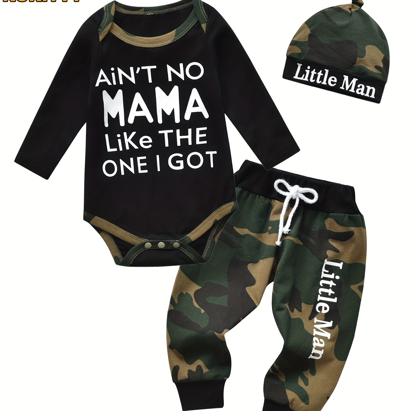 

Kukitty Newborn Baby Boy Clothes Long Sleeves Letter Print Romper Camouflage Long Pants Hat 3pcs Outfits Set