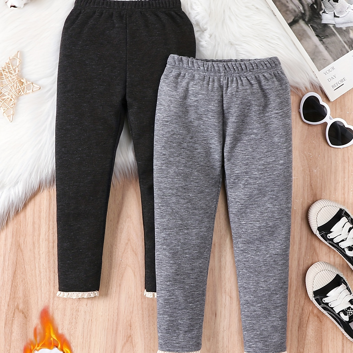 

2pcs Thick Fleece Lined Leggings Pants Set For Fall Winter Gift Girls