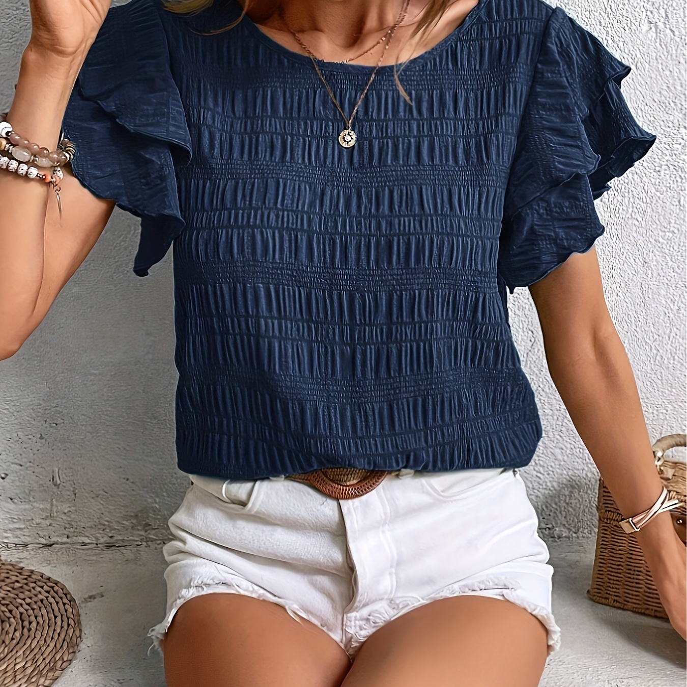 

Solid Textured Crew Neck Blouse, Elegant Layered Ruffle Trim Blouse For Spring & Summer, Women's Clothing