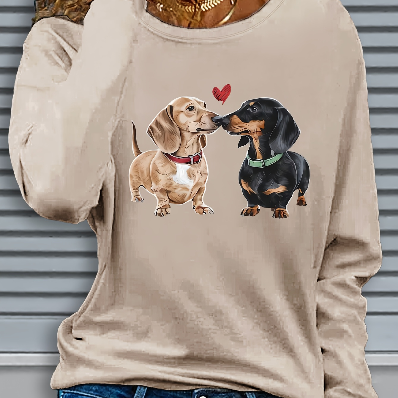 

Women's Casual Long Sleeve Crew Neck T-shirt With Dachshund , 100% Polyester Knit Fabric, Stretch, Regular Fit, Animal Pattern Applique, Fall/winter Top