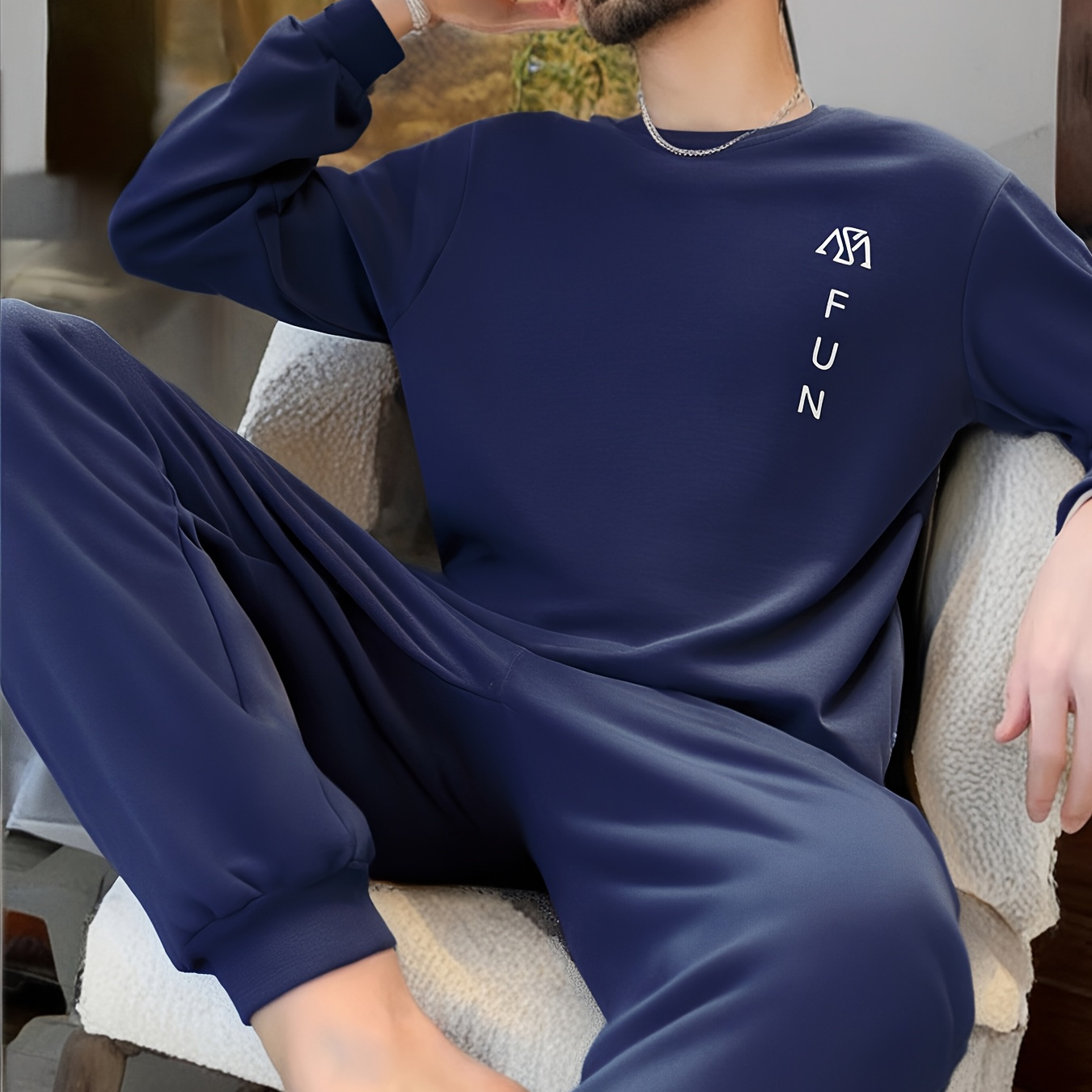 

Men's Casual Pajama Set, Long Sleeve Crew Neck Polyester Knit Fabric, Solid Color Pullover With Stretch, Loungewear, Regular Fit, No Belt, 95% Polyester 5% Spandex, 170g/m² - Comfortable