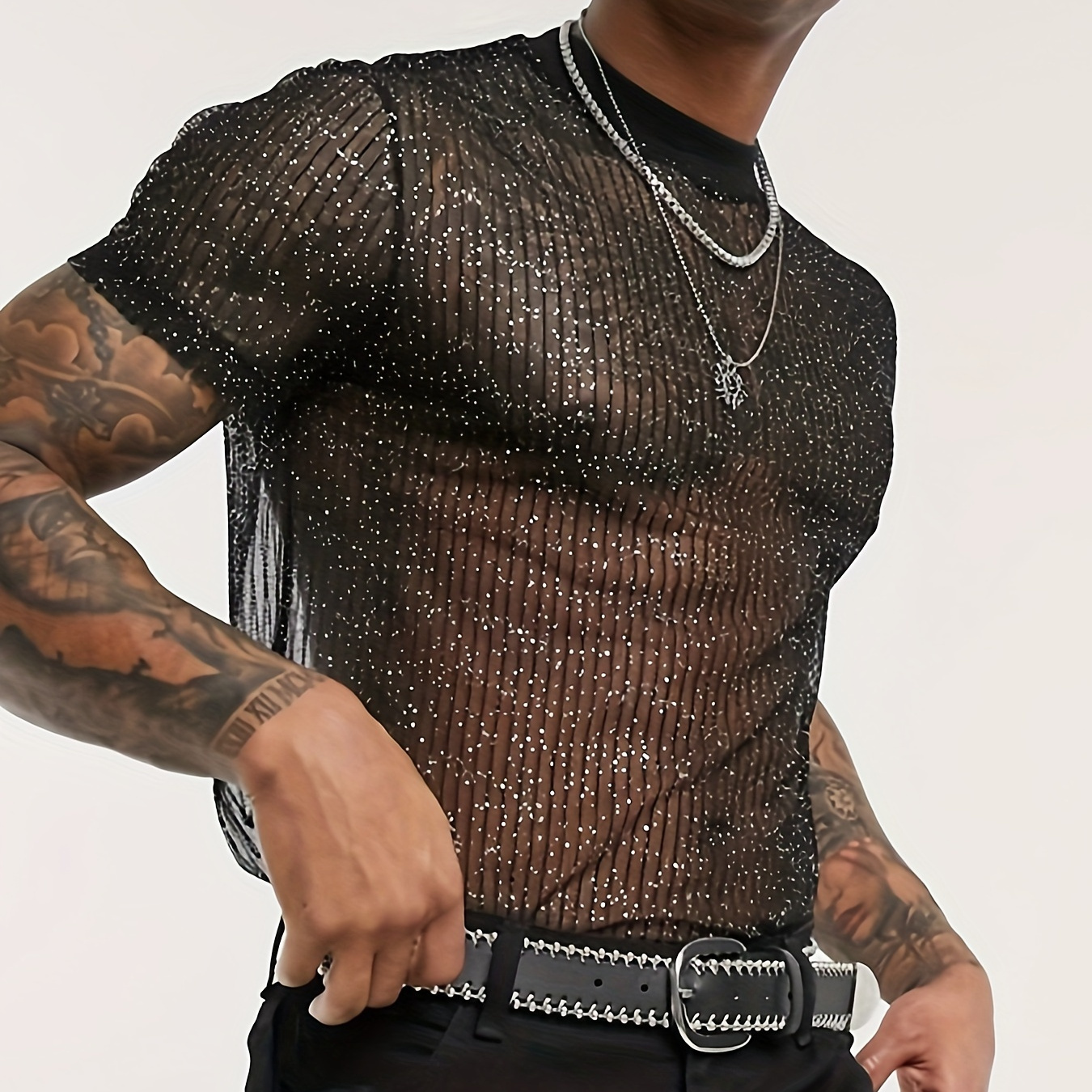 

Men's Sexy Sheer Mesh Party Shirt - Breathable & Lightweight, Blue Sparkle, Round Neck, Nylon - Ideal For Nightclubs & Events