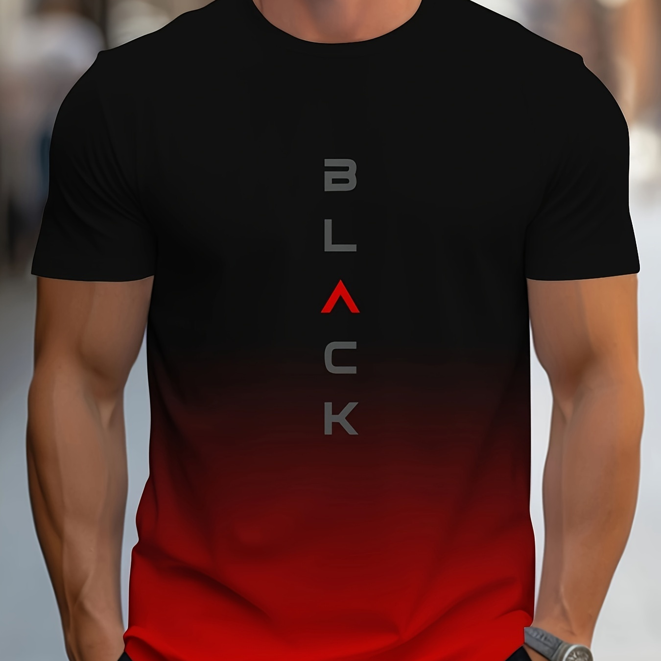

Men's Gradient Color Black Graphic Print T-shirt, Short Sleeve Crew Neck Tee, Men's Clothing For Outdoor