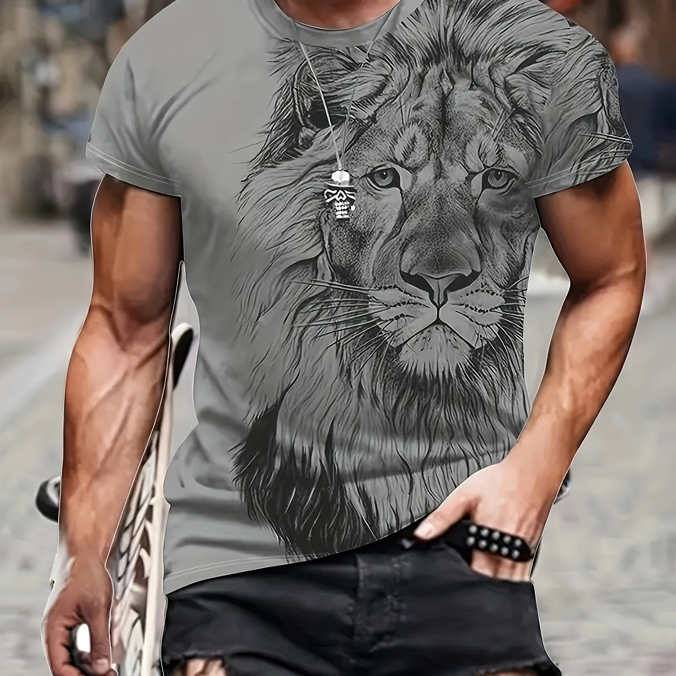 

Men's Lion Graphic Print T-shirt, Casual Short Sleeve Crew Neck Tee, Men's Clothing For Summer Outdoor