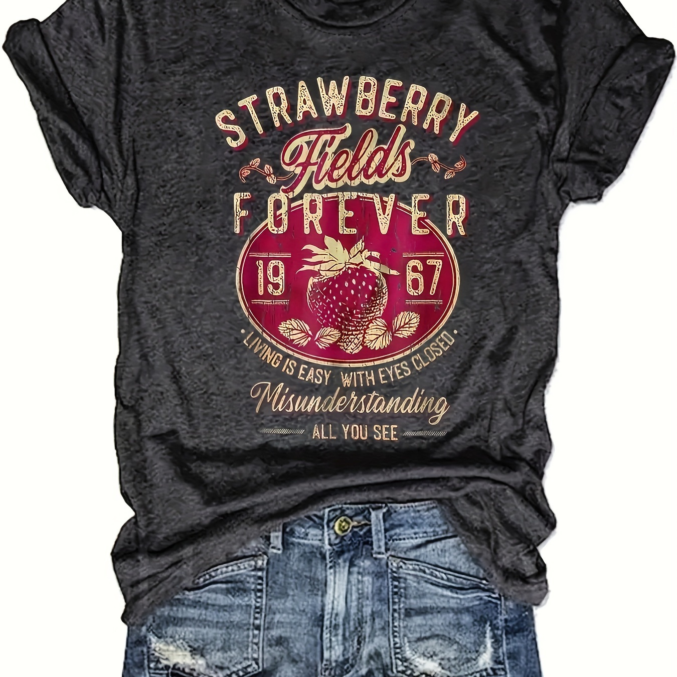 

Strawberry Print Crew Neck T-shirt, Casual Short Sleeve T-shirt, Women's Clothing