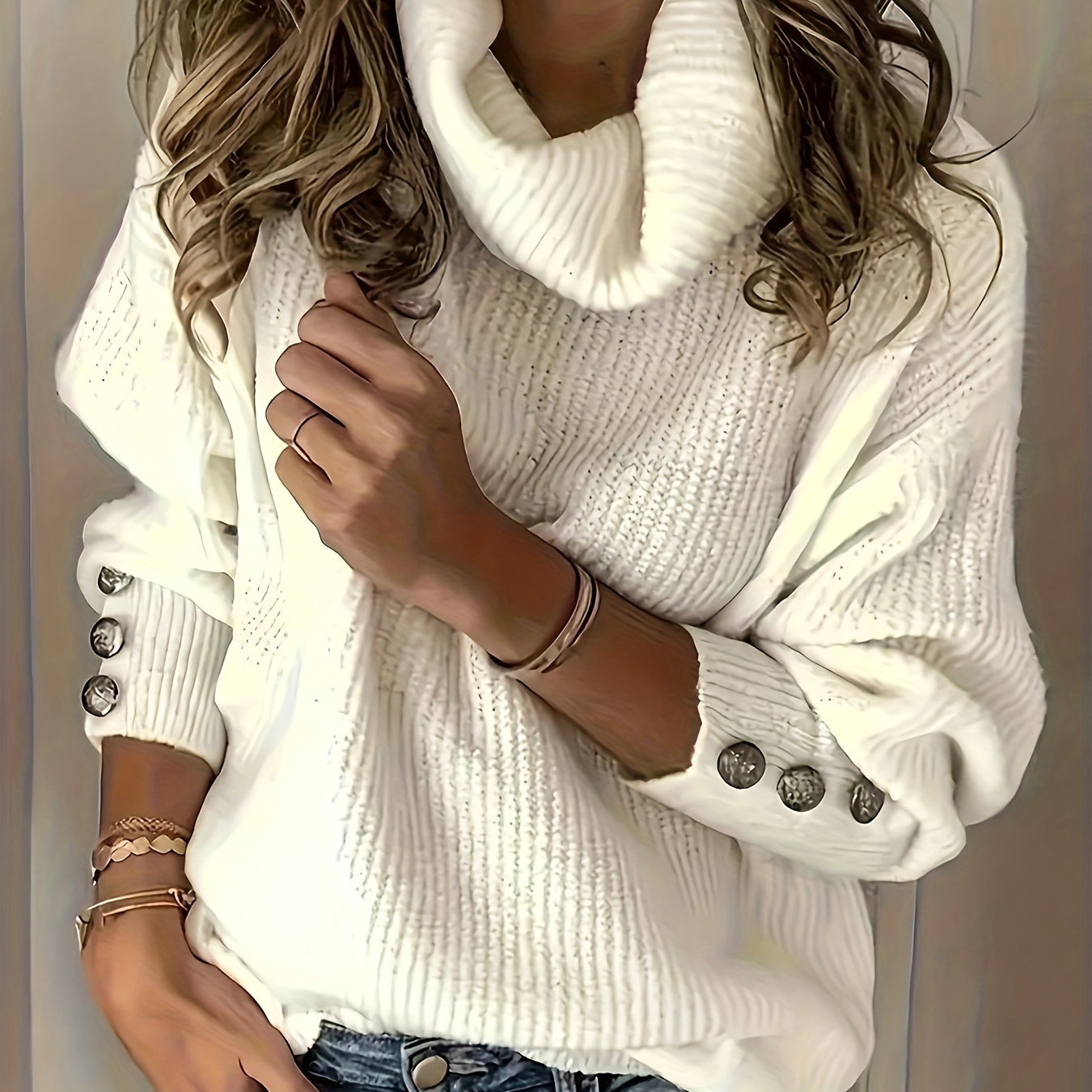 

Size Knit Pullover Sweater For Women - High Neck Long Sleeve Polyester Top With Button Detail For Fall/winter