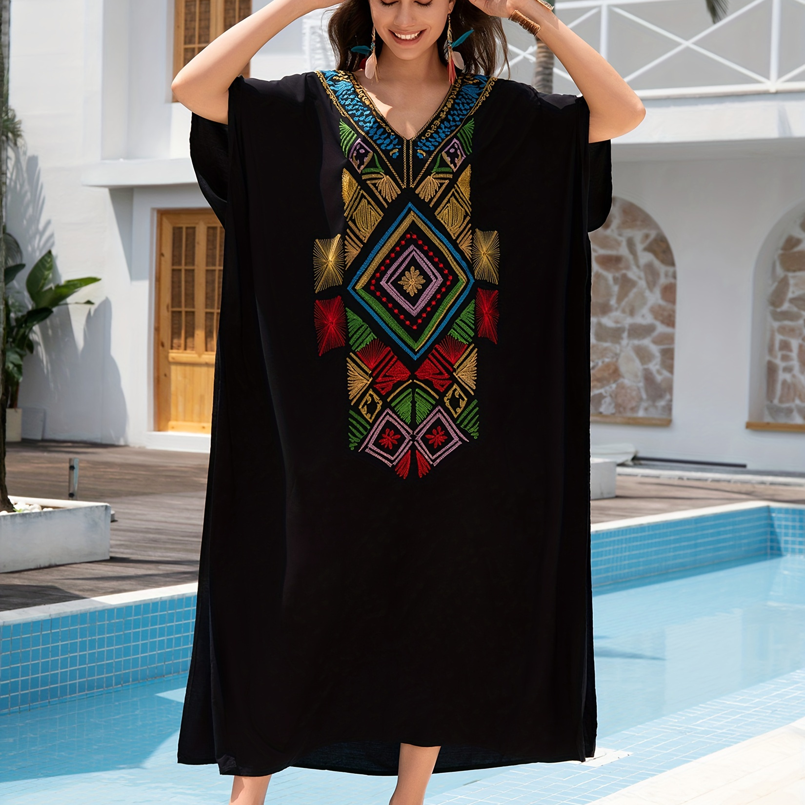 

Plus Size Chic Maxi Dress For Women - V-neck, Ethnic Embroidery, Short Batwing Sleeves, Side Slit, Loose Fit, Elegant Beach Cover-up & Holiday Kaftan Style, Viscose .0% Fabric, Plus Size Dresses