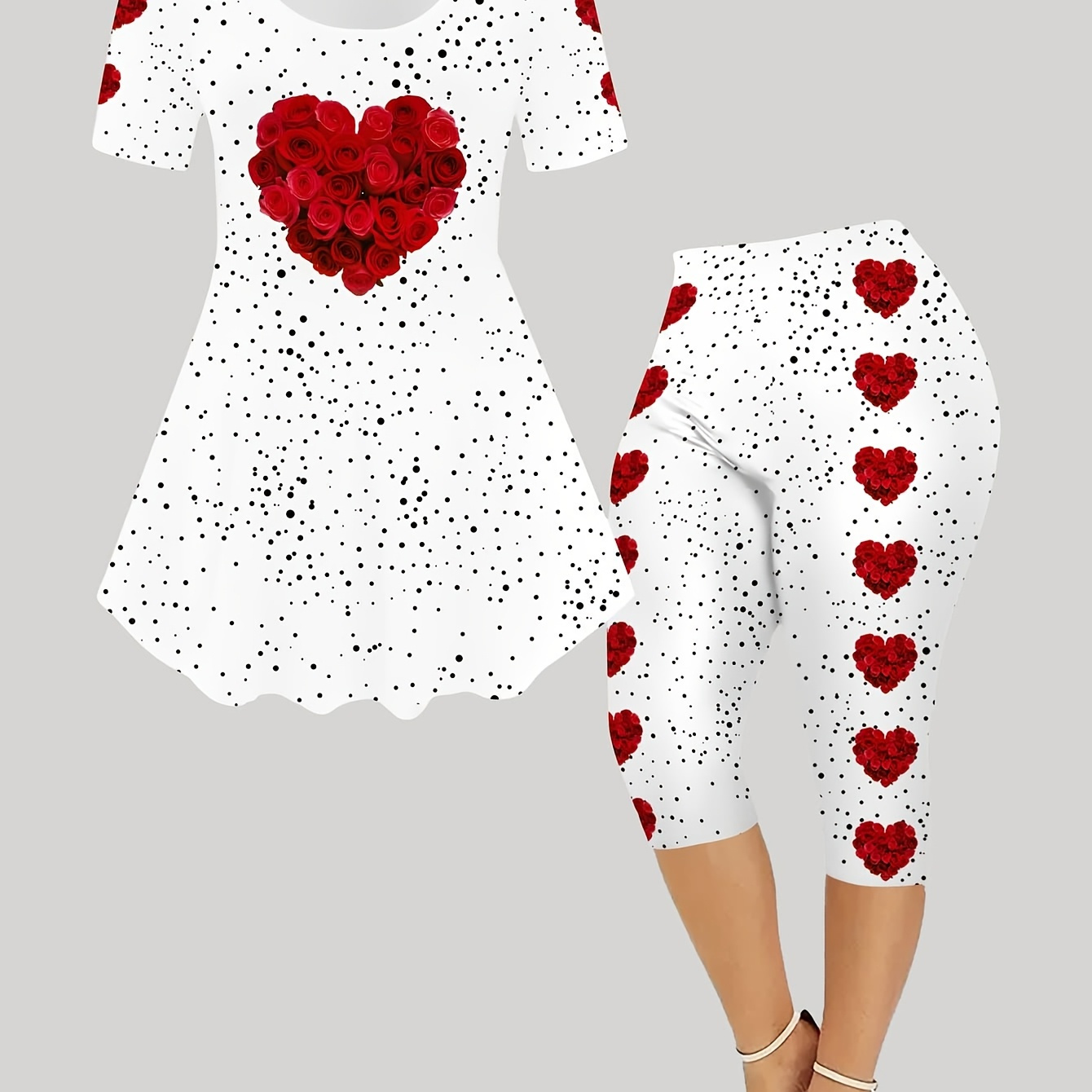 

Women's 3d Heart Valentine's Day Print Fashion Short-sleeve -point Pants Set, Romantic Outfit| Fashion|knitted Texture, Valentines Day Gifts