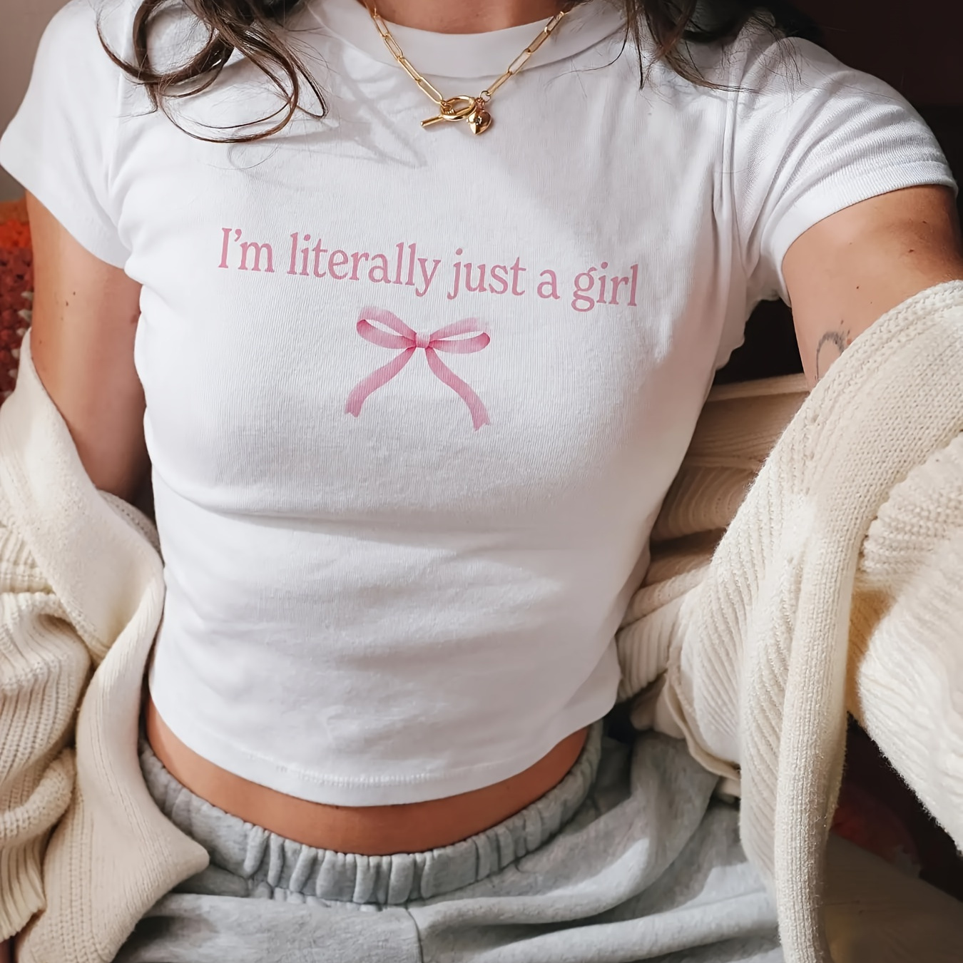 

Bow Neck T-shirt, Casual Short Sleeve Top For , Women's Clothing