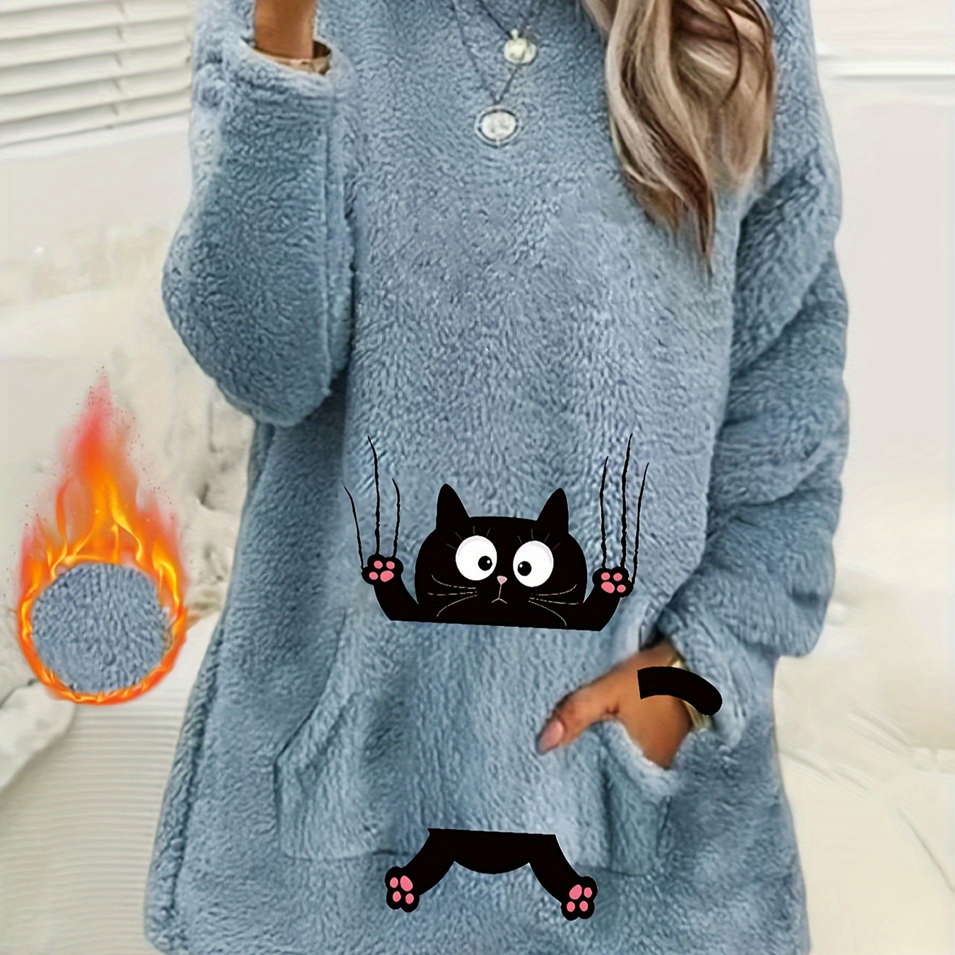 

Women's Fleece Sweatshirt With Cat Print - 100% Polyester Crew Neck Long Sleeve Pull-over With Pocket Detail - Cozy & Warm Geometric Pattern Top For All - Elegant Middle-eastern Style Knit Fabric