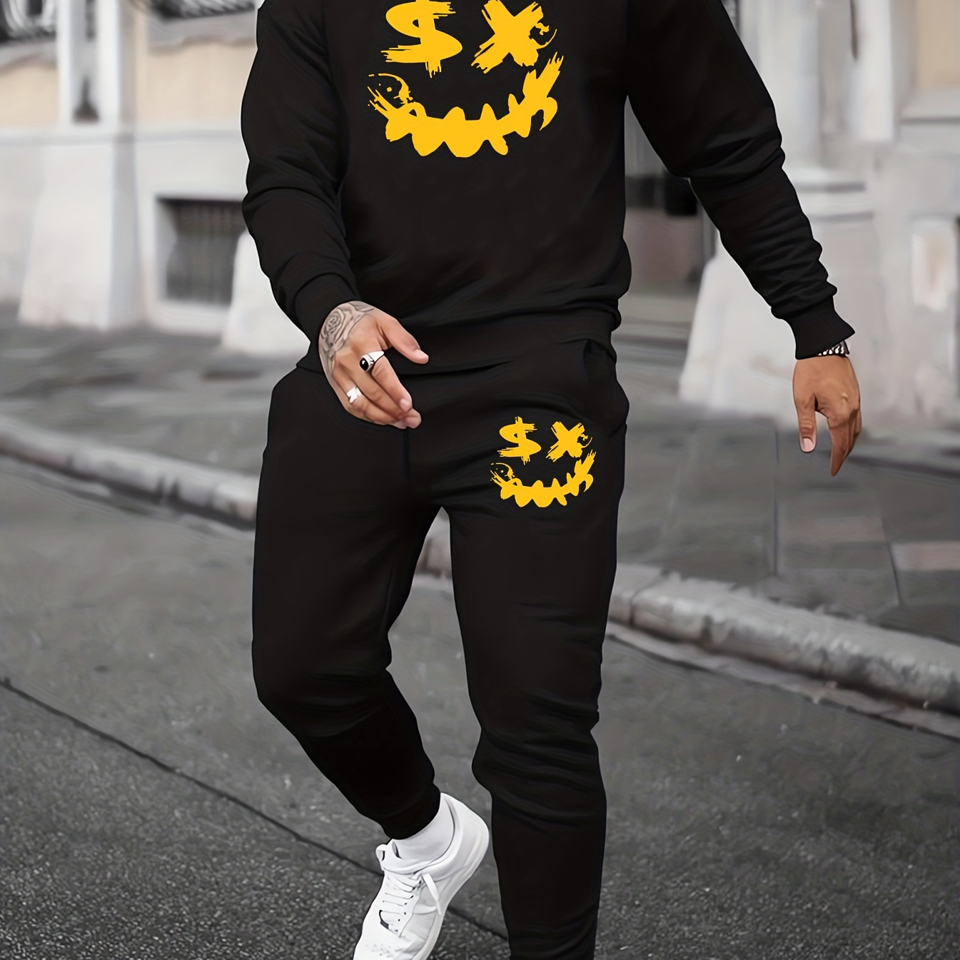 

Big Smile Print, Men's 2pcs Outfits, Casual Crew Neck Long Sleeve Pullover Sweatshirt And Drawstring Sweatpants Joggers Set For Spring Fall, Men's Clothing
