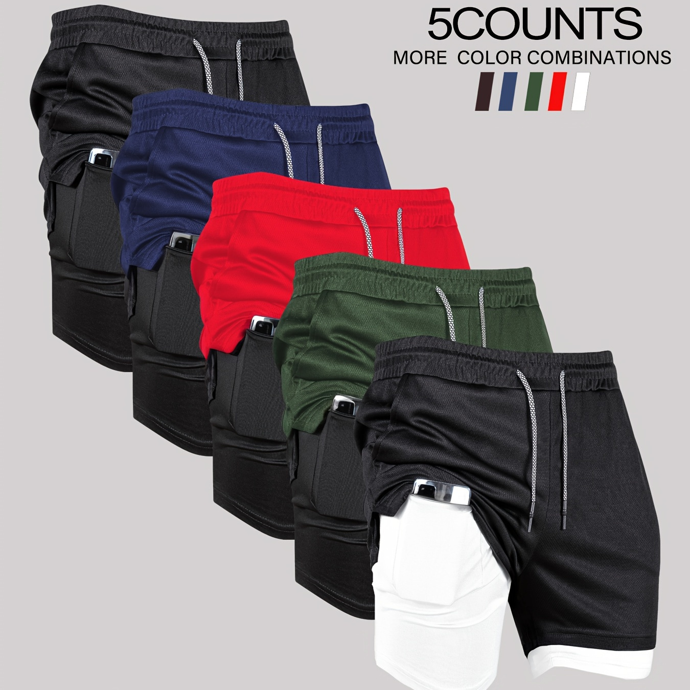 

5pcs Men' Shorts With Pocket, Towel Loop, Quick-dry Mesh Fabric, Breathable Layered Basketball & Gym Shorts