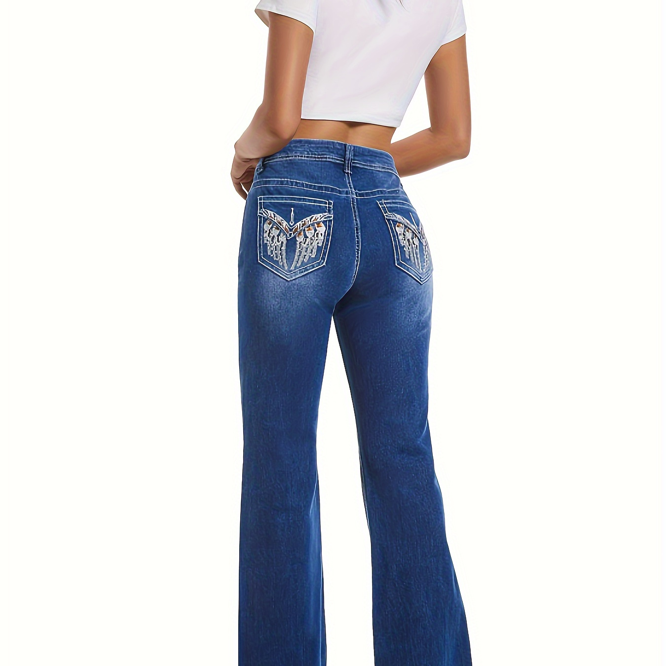 

Women's Blue Slim-fit Flared Jeans - Casual Style Denim, Comfortable All-season Wear, Bootcut Design