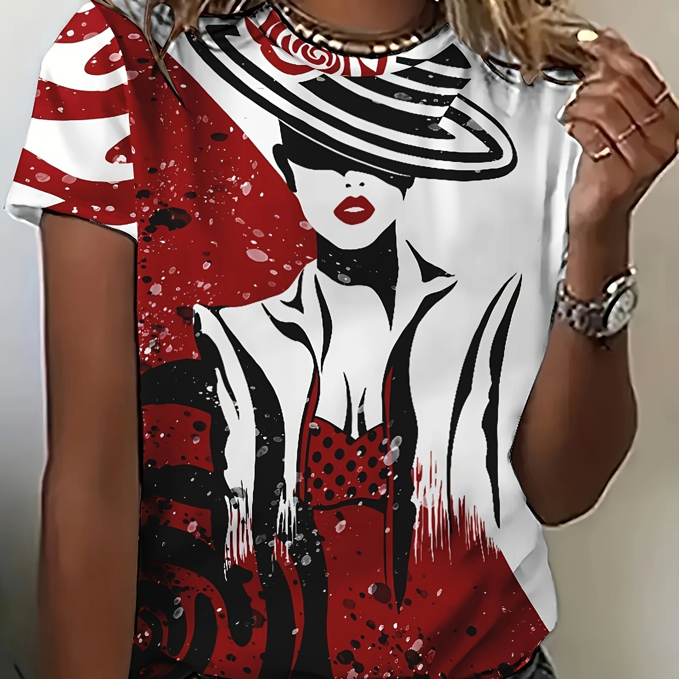 

Women's Fashion T-shirt With 3d Print, Vintage Artistic Portrait Design, Short Sleeve Casual Top